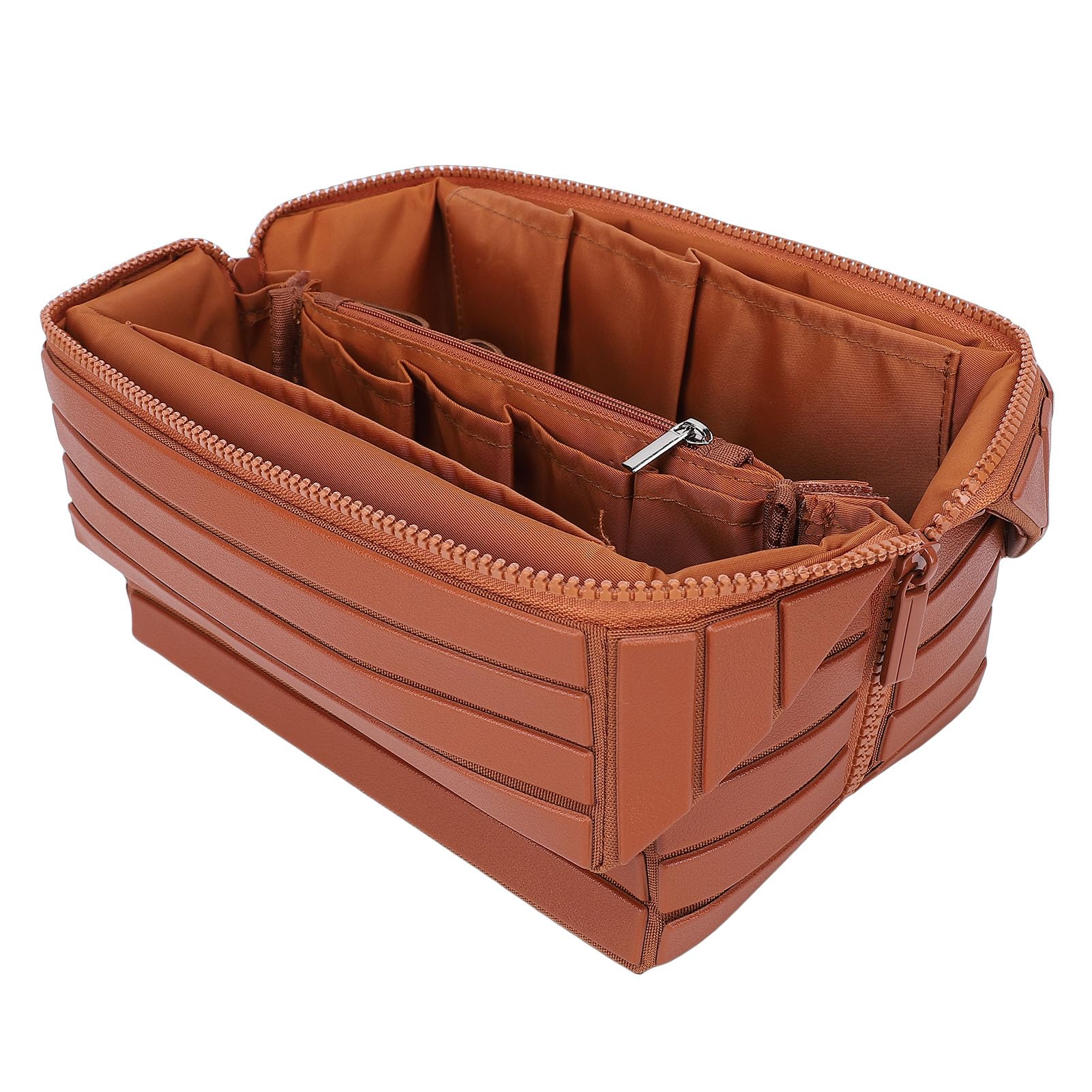 Bolsa de Maquillaje de Viaje, Bolsas de Cosméticos de Gran Capacidad para Mujeres, Bolsa de Aseo Plegable a Prueba de Agua, Diseño Abierto (Brown)