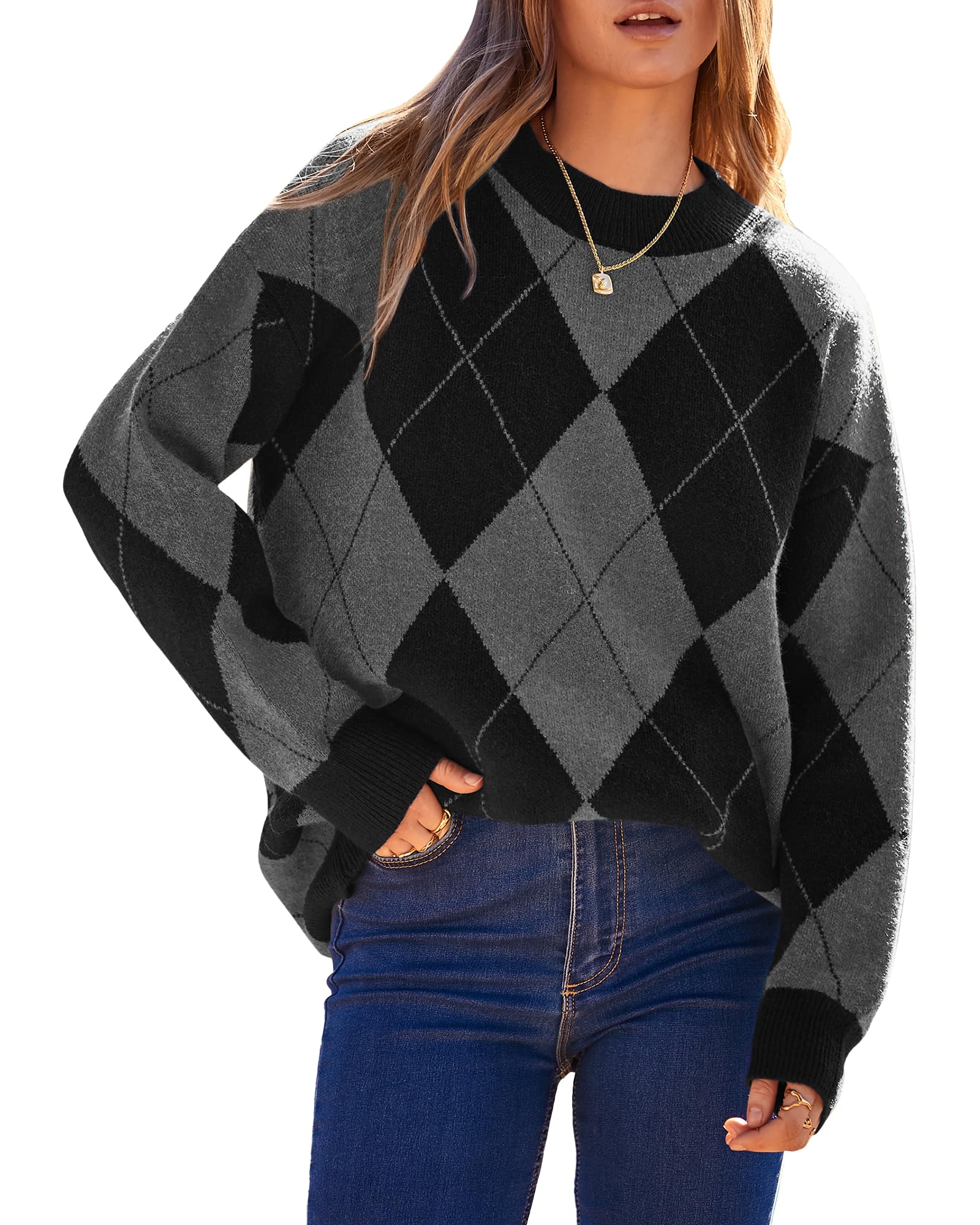 BTFBM Women’s Fall Winter Oversized Pullover Sweaters Vintage Plaid Argyle Sweater Casual Knitted Jumper Holiday Outfits(Argyle Grey, Medium)