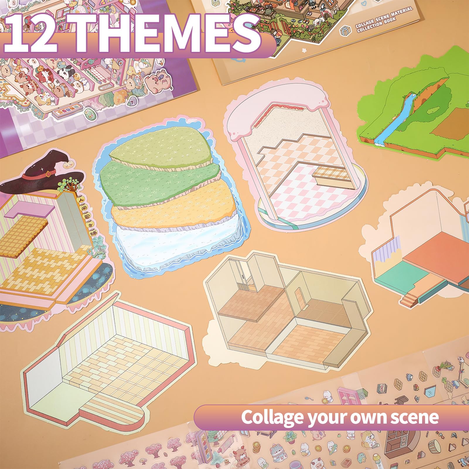 GSrenyu 12 Sets DIY 3D House Stickers,Fun Stickers Scene,Cute 3D Cartoon Scene Sticker Set for Relief Stress,Pass The Time(Yellow+Pink) - Image 2