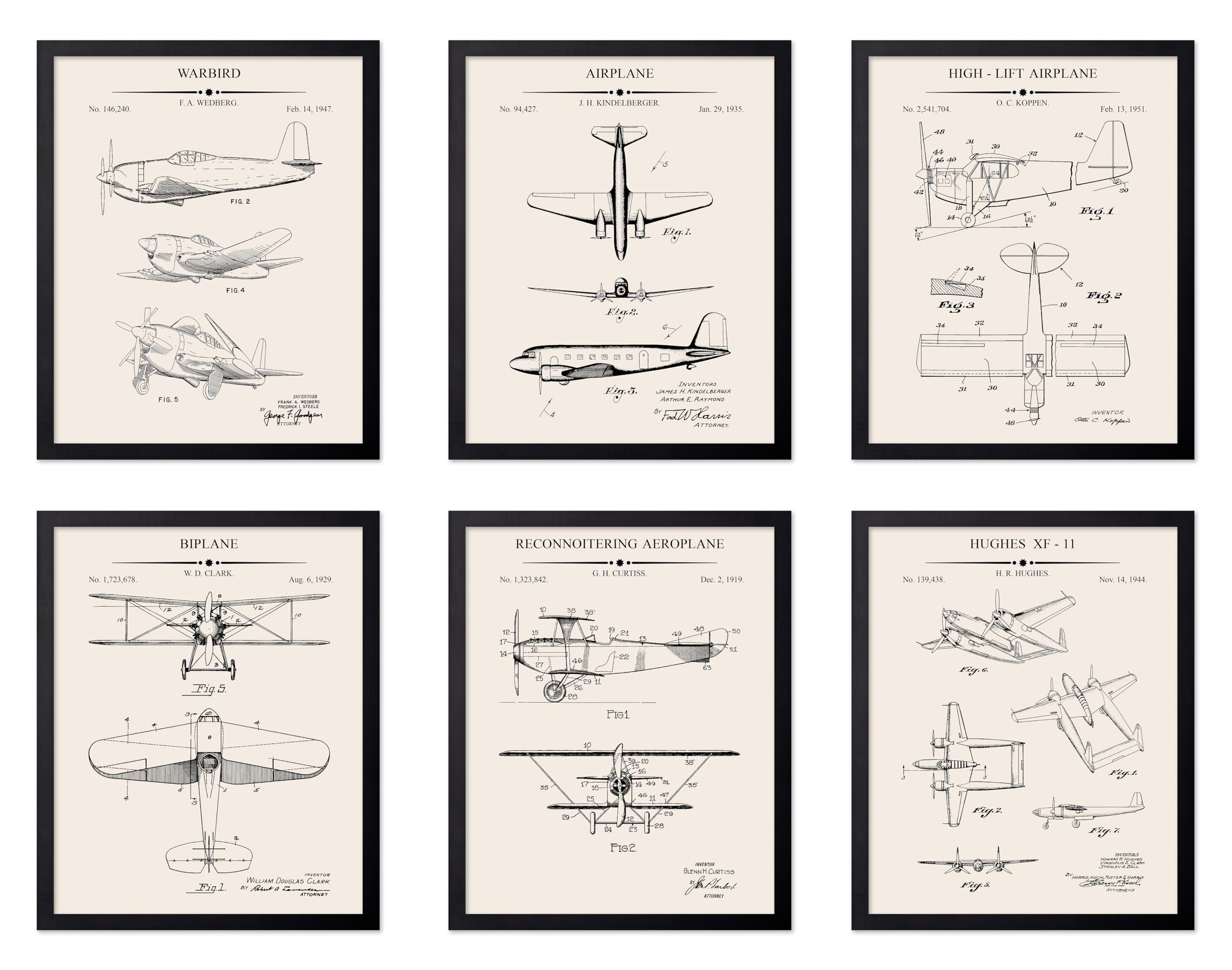 Monem Art 6-Piece Vintage Aviation Blueprint Poster - Airplane Patent Print - Aircraft Art - Aviation Design - Biplane & Warbird Print - Great Office