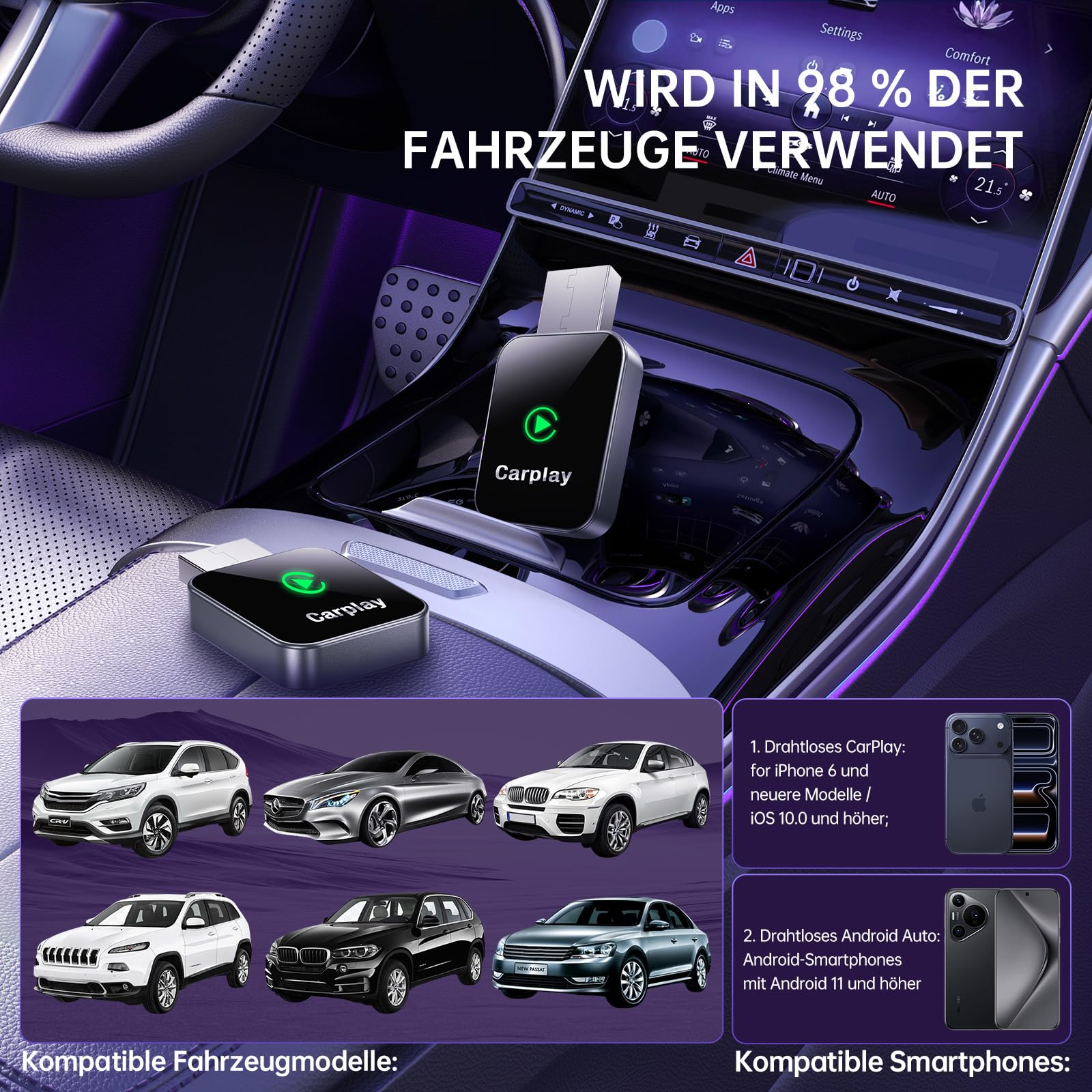 WeChip carplay Wireless Adapter, 2-in-1 Android Auto Wireless Adapter, Plug & Play, USB-A/Typ-C, ultraschnelle & stabile Verbindung, mini & kabellos, geeignet für iPhone CarPlay
