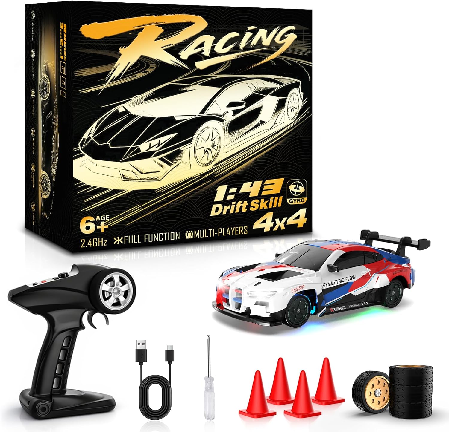 RC Drift Car, 1/43 Mini RC Drift Car with Gyro, 2.4GHz Full Proportional Control, 20KM/H 4WD High Speed Remote Control Alloy, LED Lights & Drift Tires, Toys for Adults, Boys and Girls Gift