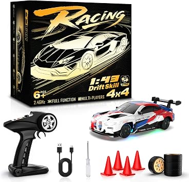 RC Drift Car, 1/43 Mini RC Drift Car with Gyro, 2.4GHz Full Proportional Control, 20KM/H 4WD High Speed Remote Control Alloy, LED Lights & Drift Tires, Toys for Adults, Boys and Girls Gift