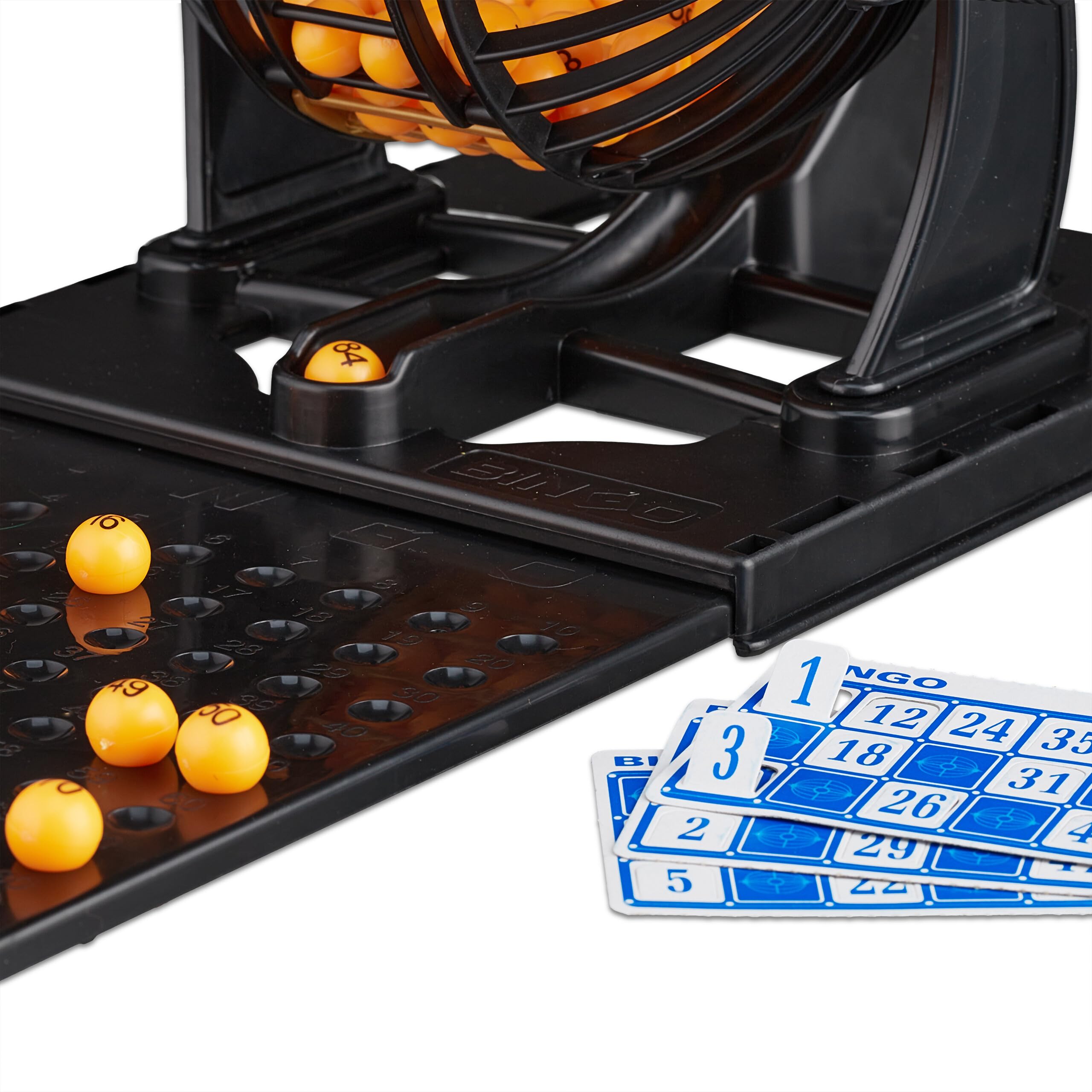 Relaxdays Gra bingo z bębnem do loterii, 90 kul, 72 karty, rozkładana plansza do gry, dla dzieci i dorosłych, loteria, czarna