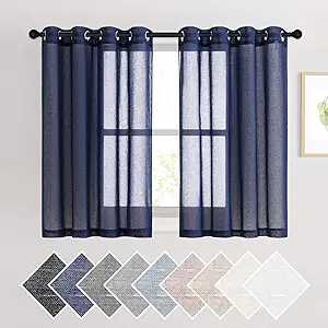 NICETOWN Dark Blue Flax Sheer Linen Curtains for Windows, Grommet Top 45" Length Natural Linen Blend Sheer Drapes Semitransparent Privacy Panels for Farmhouse/Bedroom, 52" Wide, Set of 2
