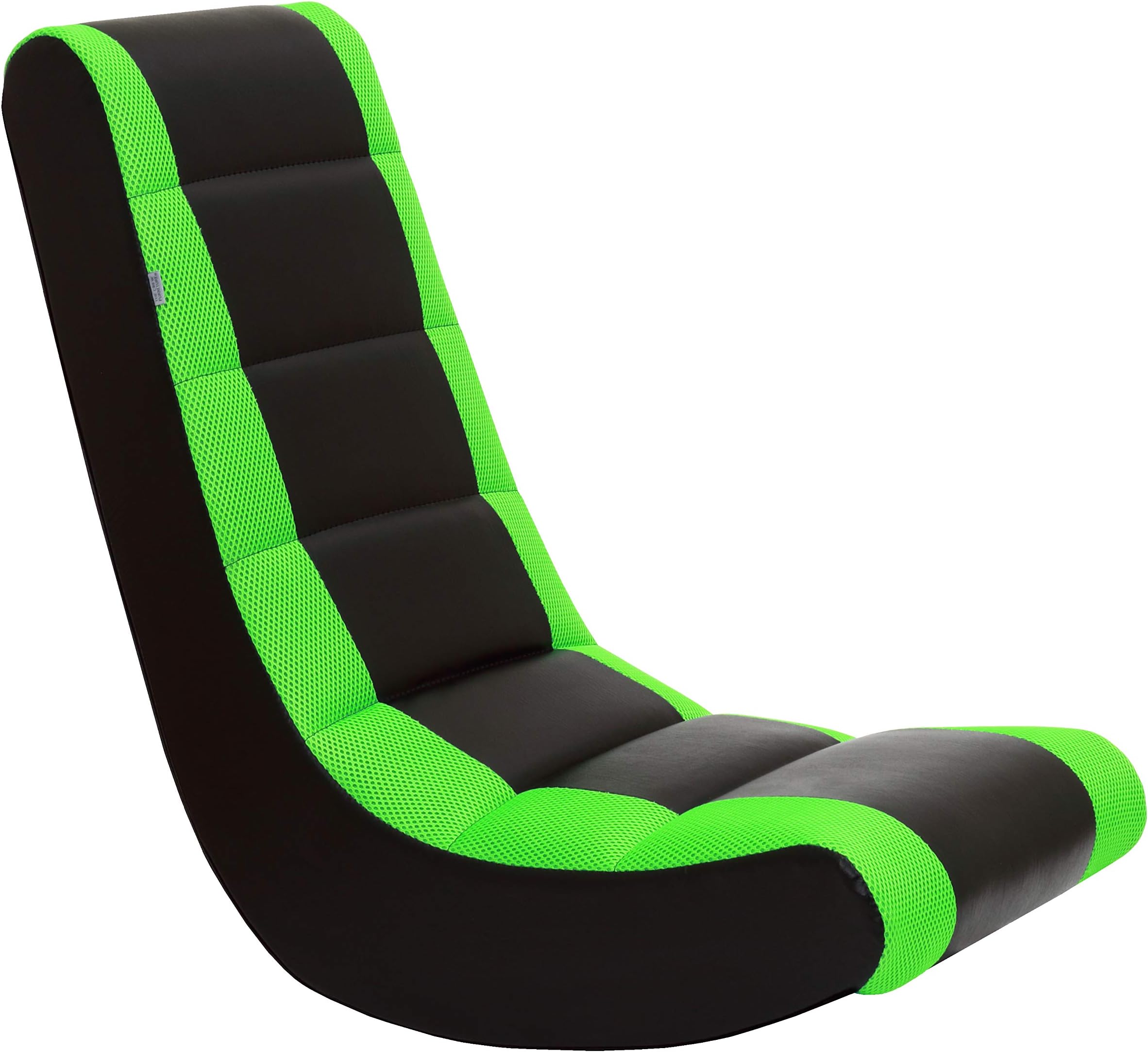The Crew FurnitureClassic Video Rocker Floor Gaming Chair, Kids and Teens, Racing Stripe PU Faux Leather & Polyester Mesh, Black/Green