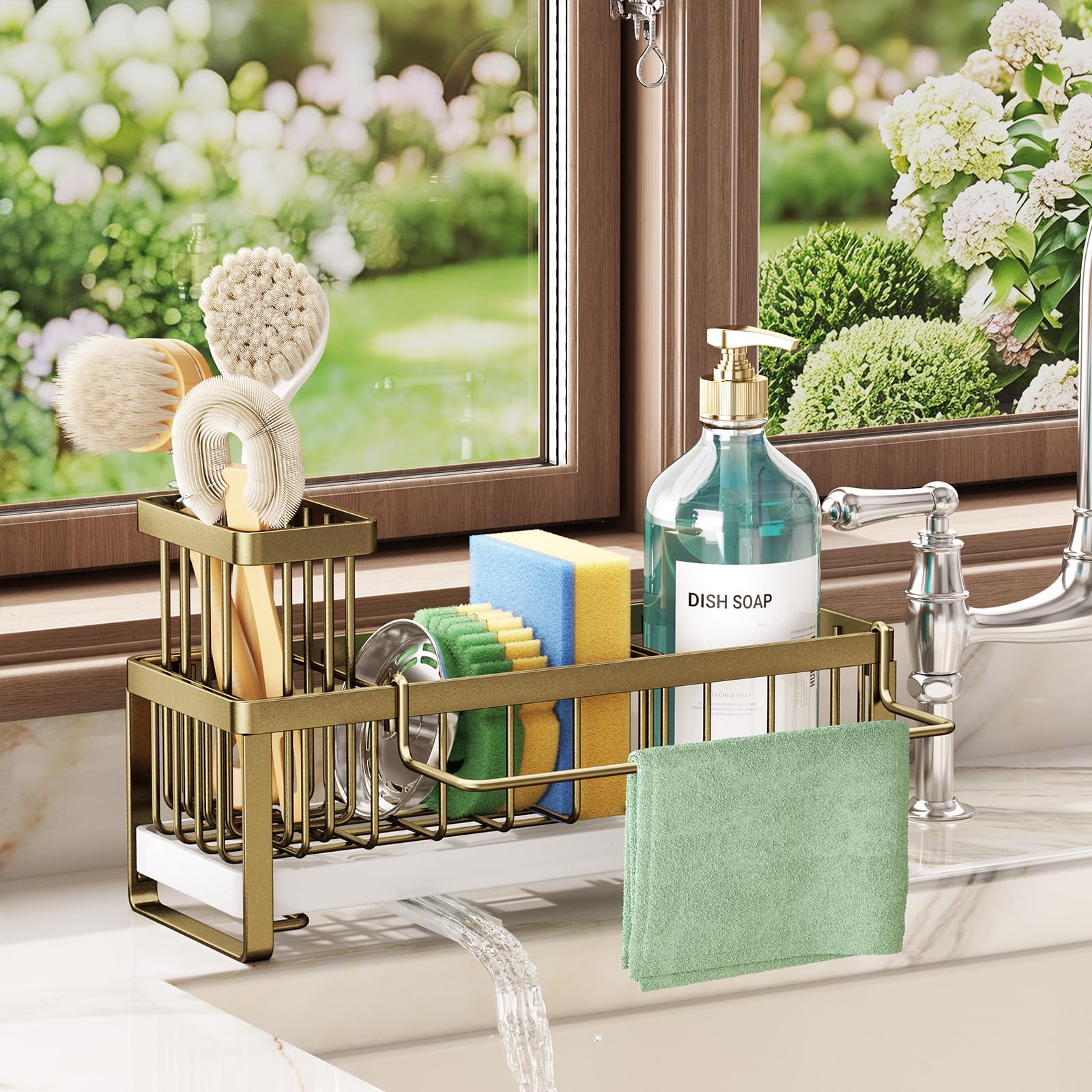 SWTYMIKI Kitchen Sink Caddy Organiser-Stainless Steel Sink Tidy with Auto Draining Tray, Removable Towel Rack, Rustproof Sponge & Brush Holder, Kitchen Storage Organiser for Countertop Sink Accessorie