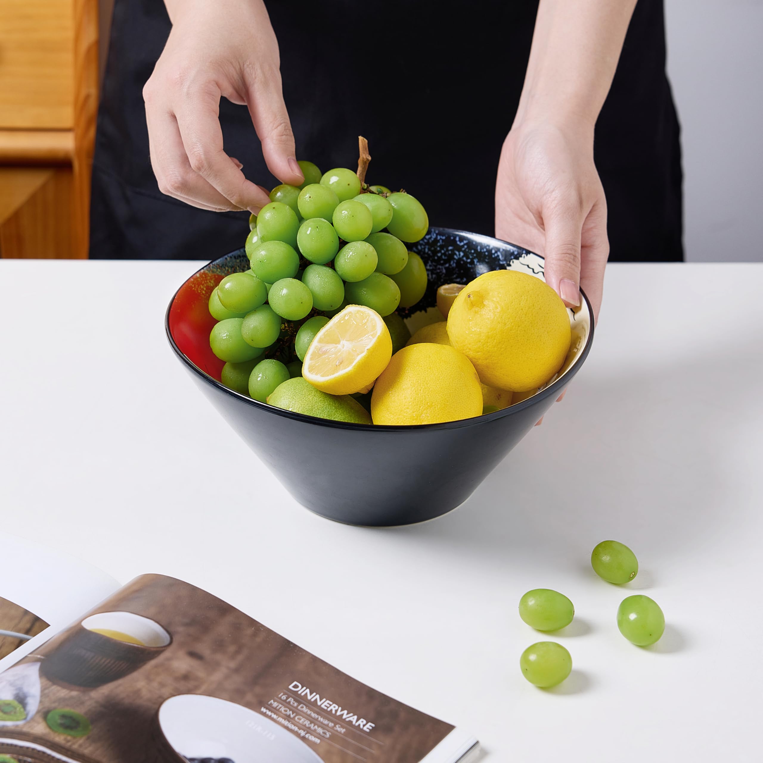 BICECTTO - Set di ciotole giapponesi per ramen con design Fuji rosso, ciotole grandi in ceramica, cucchiai, bacchette per ramen, pho, insalata, poke, regalo di alta qualità per gli amanti del ramen,