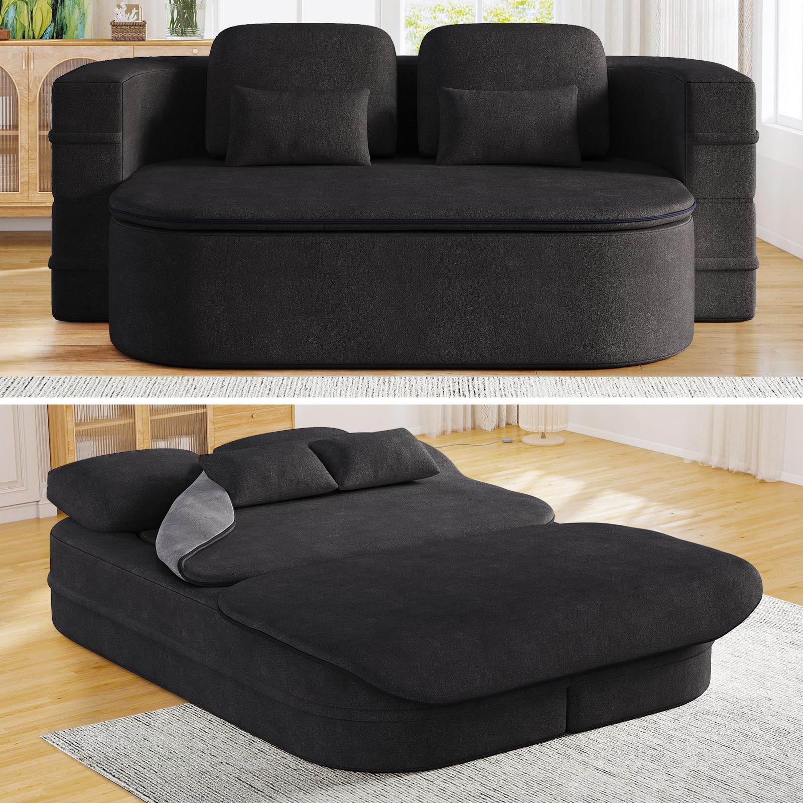 75"W Convertible Folding Sofa Bed,Chenille Upholstered Futon Loveseat Floor Couch Bed with Blanket,Full Size Foldable Mattress,Lounge Compression Foam