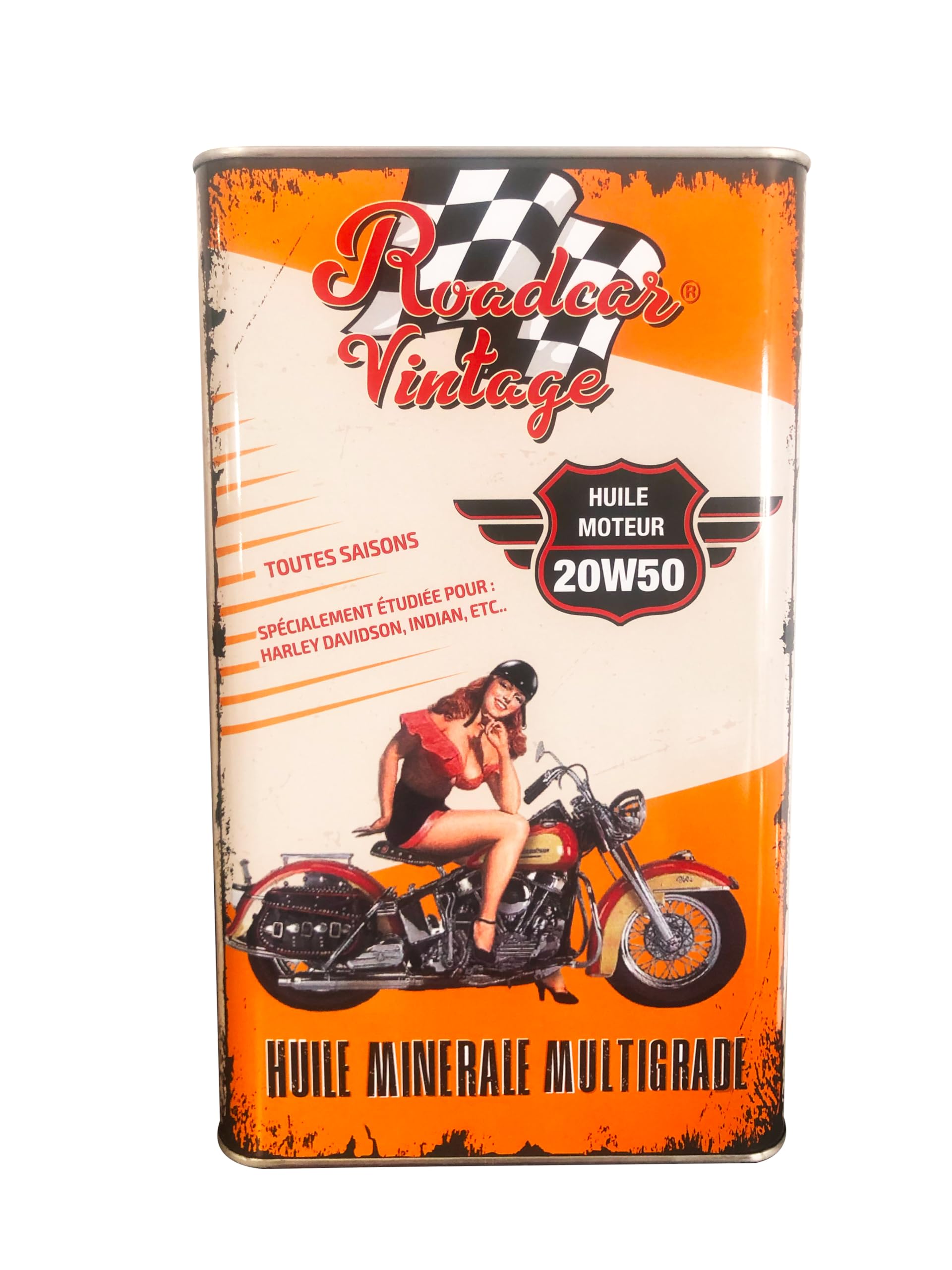 Huile moteur moto 20W50 minérale 5L – Bidon Métal Vintage – API SF/CF – 4 Temps – V-Twin & Custom – Fabriquée en France – Roadcar® Vintage