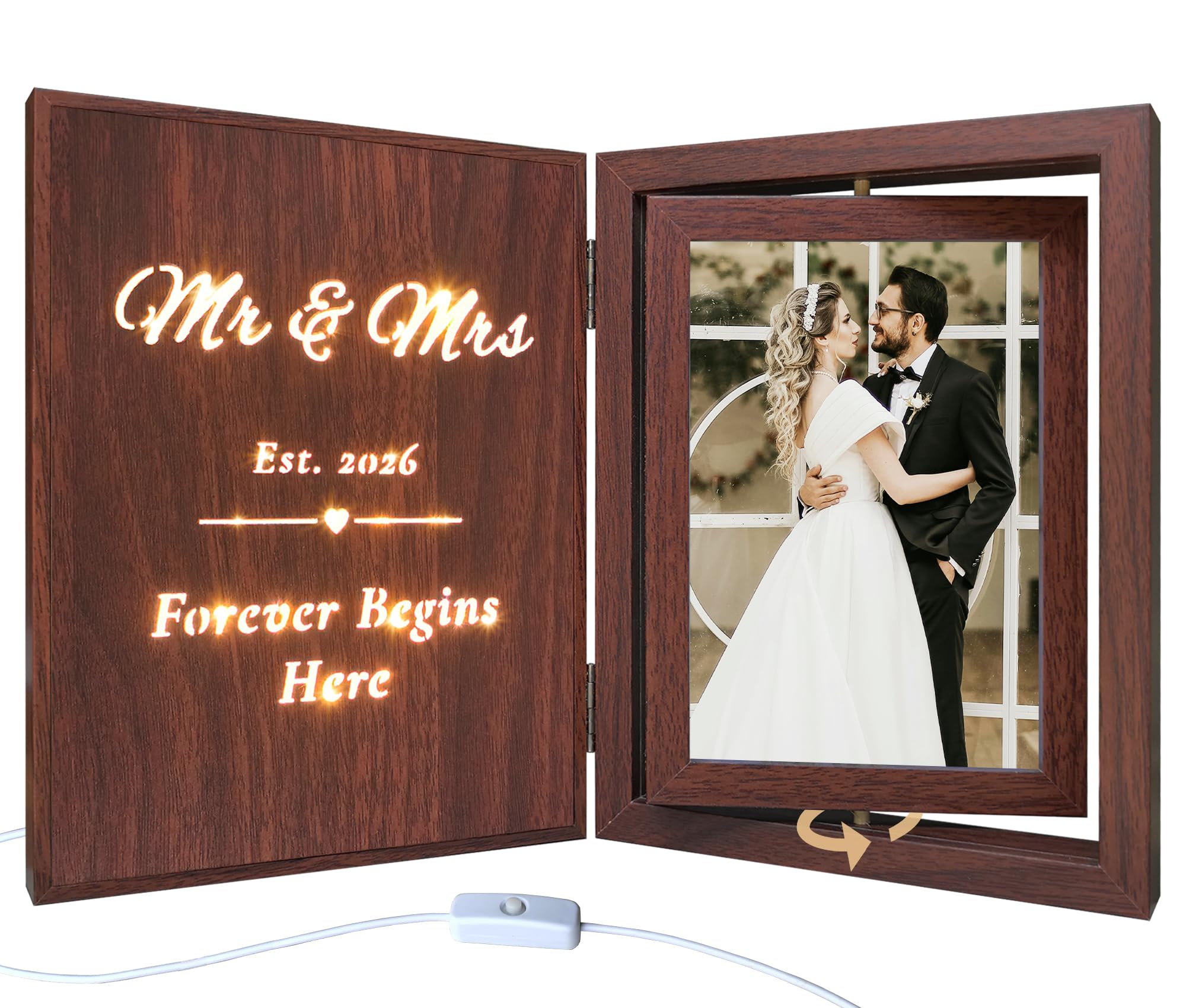 Wedding Present for Couples, Light Up Rotating Photo Frame with USB LED, Holds 2 Vertical 4x6 Photos, Mr & Mrs 2026 Wedding Keepsake Frame, Engagement Present for Bride and Groom