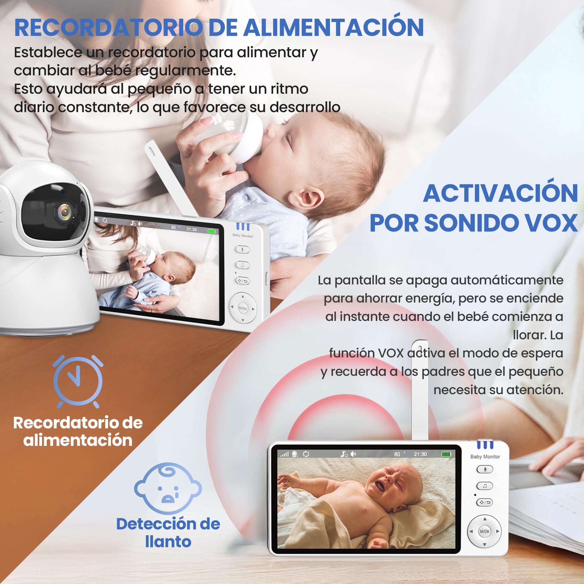Extralink Vigilabebés con cámara sin wifi – Monitor de bebé con pantalla de 5 pulgadas, visión nocturna, audio de 2 vías, control de temperatura VOX y control de temperatura, función FHSS 2,4 GHz