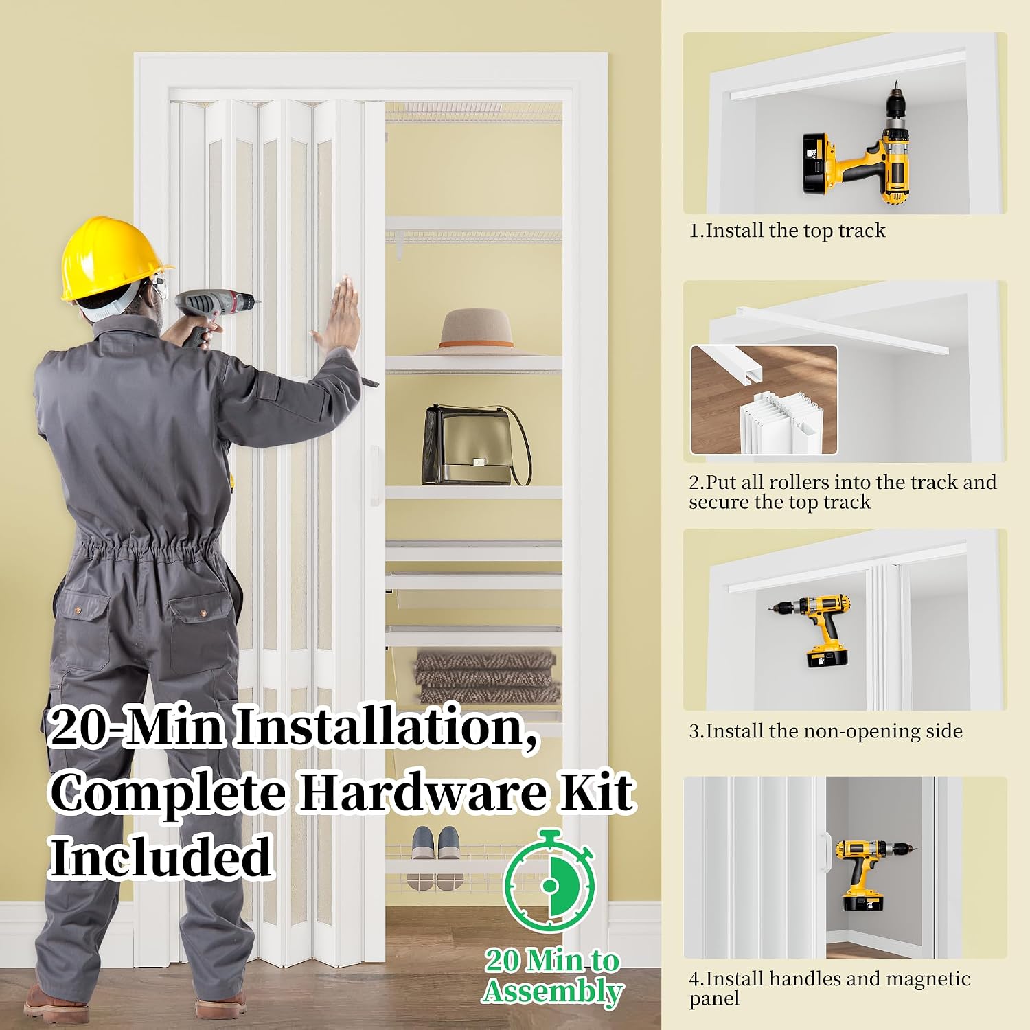 WINSTELLAR 36" x 80" Enhanced Accordion Doors with 3 Frosted Acrylic Panels, Bifold Closet Door Hardware Kit Included, PVC Interior Folding Doors with 2 Handles for Closet Bathroom Doorways