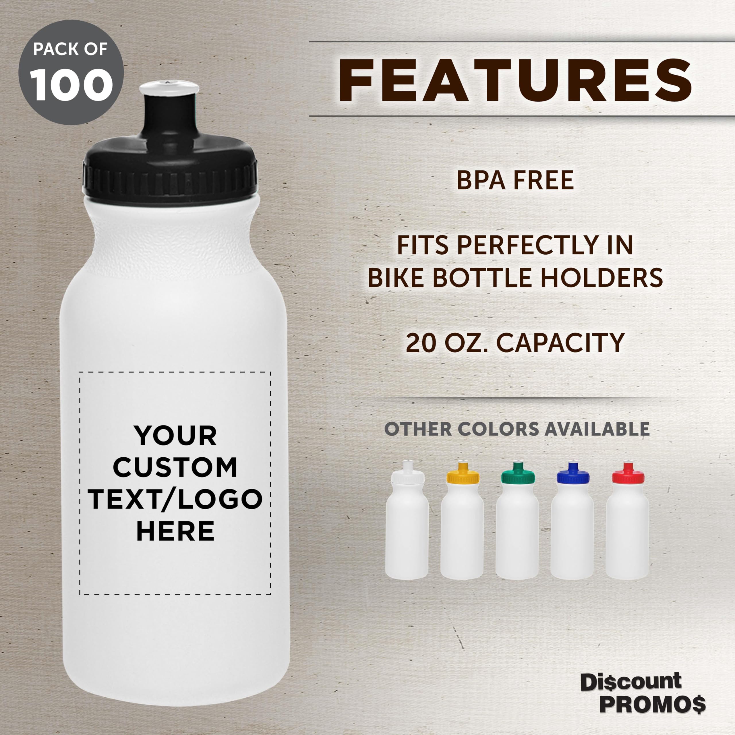 DISCOUNT PROMOS Custom White Water Bottles with Push Cap -100 pack, Customizable Text, Logo, 20 oz, Reusable BPA FREE Squeezable Bottles in Bulk, White Black