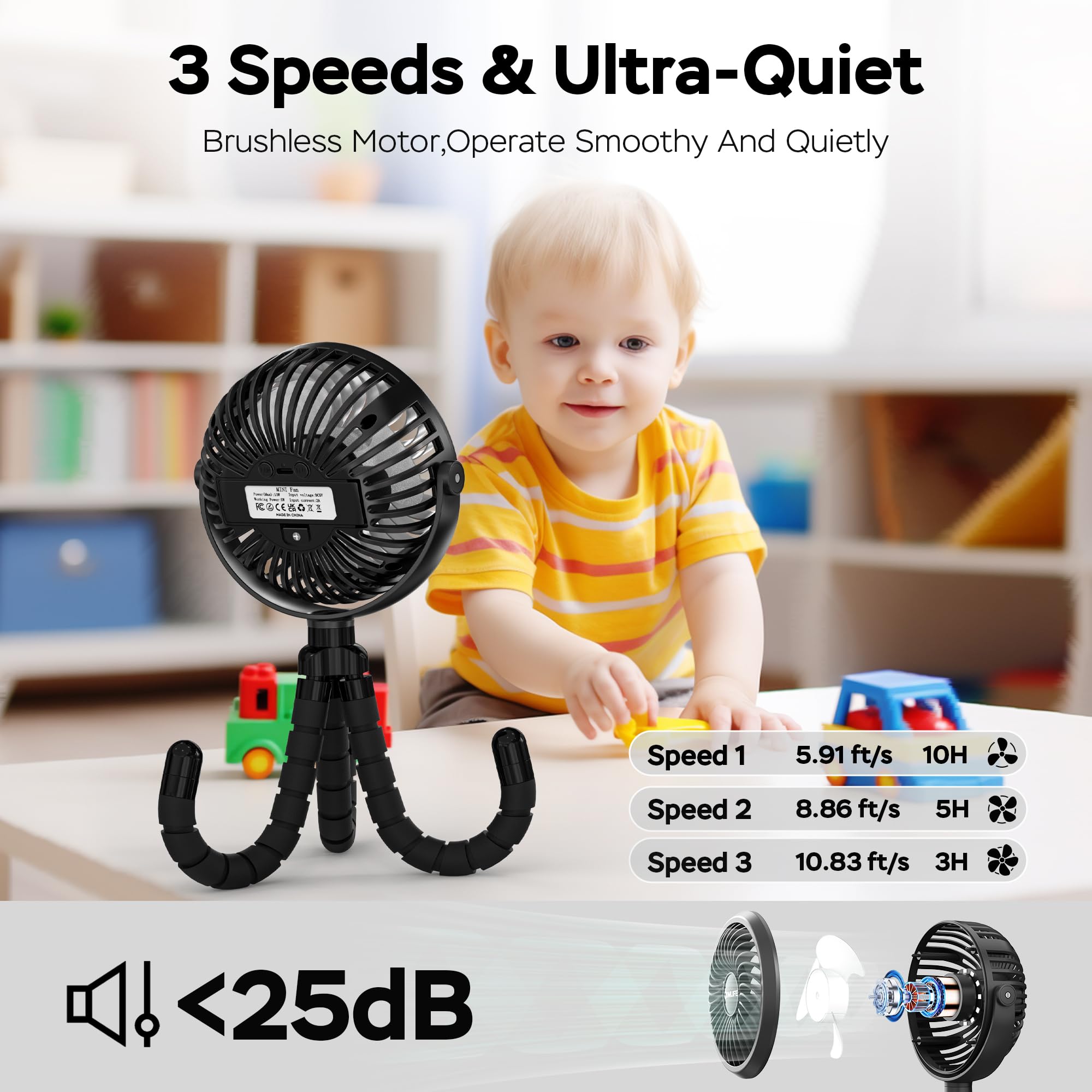 Ventilateur polyvalent ultra silencieux à clipser avec trépied flexible, flux d'air puissant, rotatif à 360 °, portable USB pour poussette et siège de voiture
