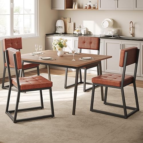 Miniatura 2 de DWVO Juego de 4 sillas de comedor modernas tapizadas de color marrón con asiento acolchado de piel sintética y patas de metal resistentes para