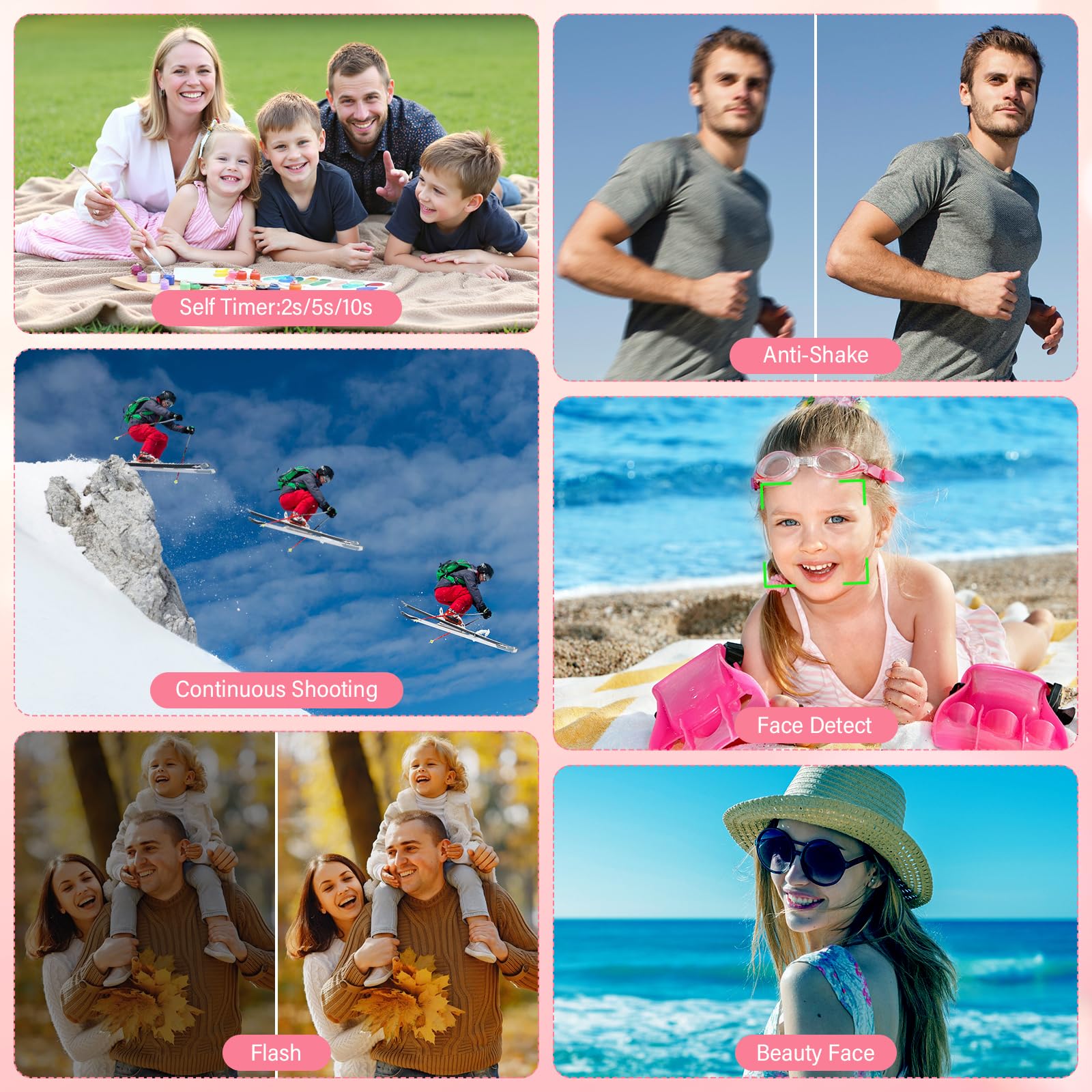 Macchina Fotografica Digitale 64MP 4K Fotocamera Digitale con Doppia Fotocamera, Zoom Digitale 16X, Macchina Digitale Compatta con Scheda da 32GB per Bambini Studenti Principianti (Rosa)
