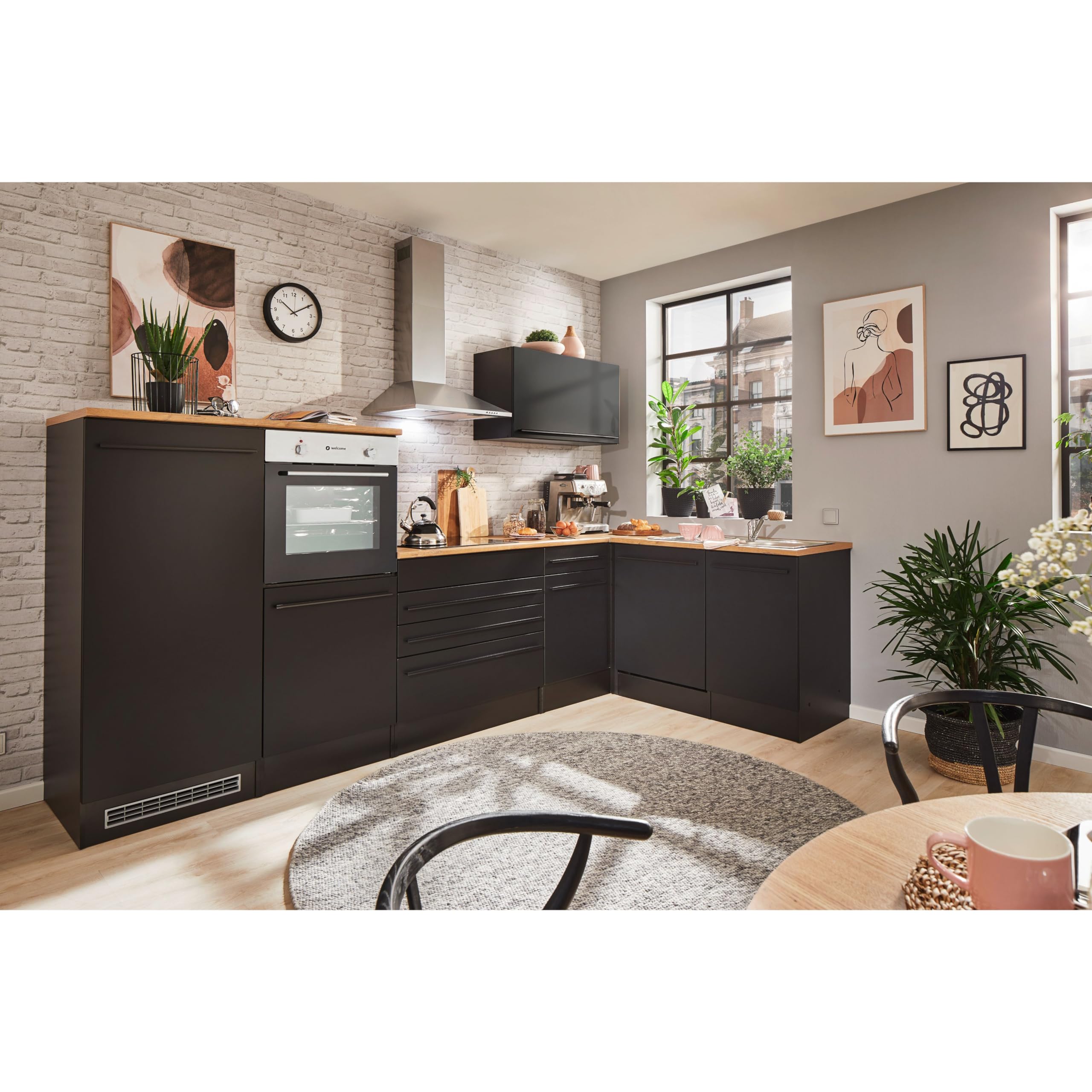 Jazz Moderner Eckschrank Küche mit Arbeitsplatte in Schwarz matt, Lanzelot Eiche Optik - Geräumiger Eck-Unterschrank mit viel Stauraum - 115 x 90 x 60 cm (B/H/T)