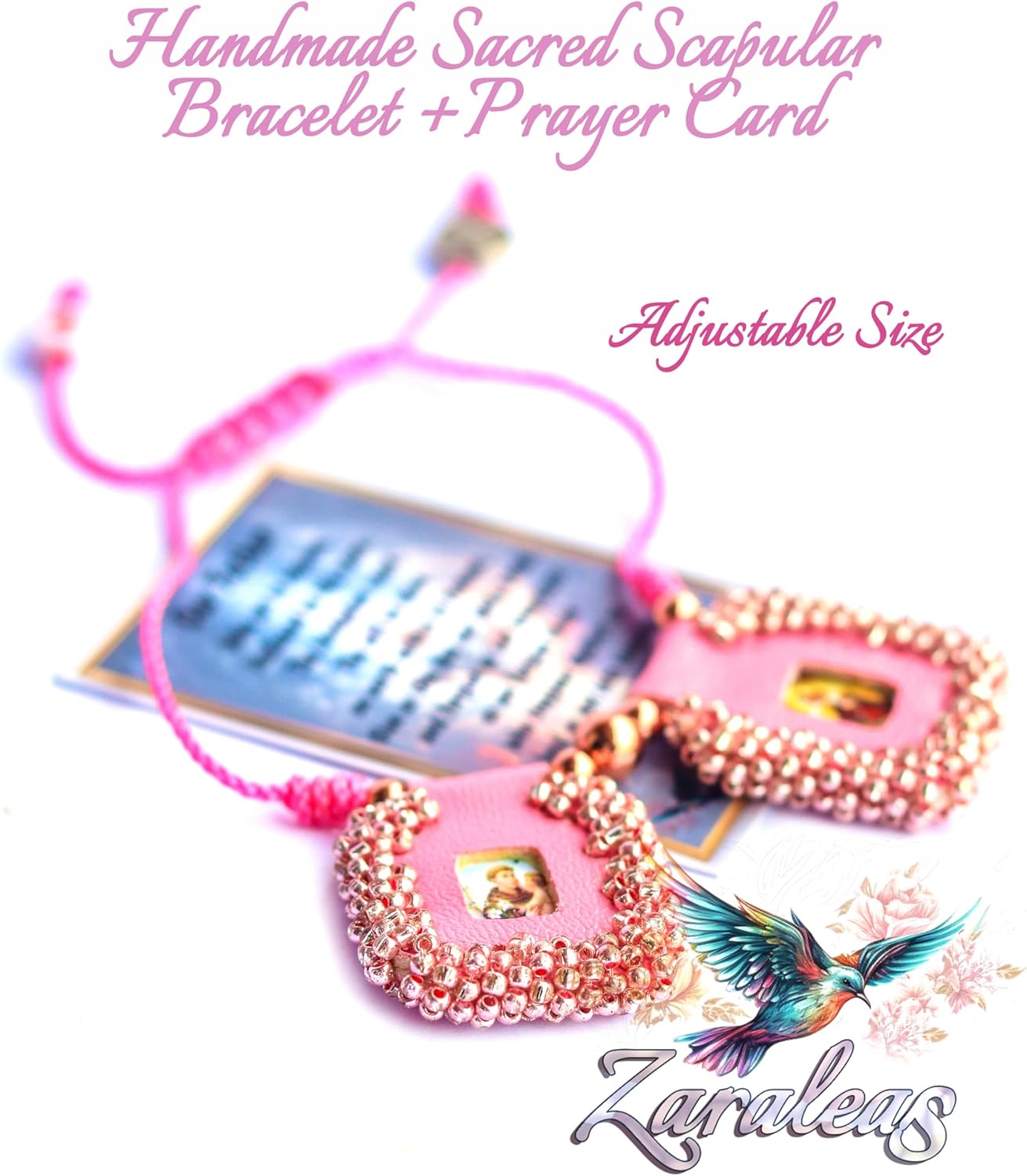 Sacred Scapular Bracelet Handmade Embroidered Rose Stone Wristband of Sacred Heart of Jesus, Holy Virgin of Carmen, St. Michael Archangel. 2,5cm x 3cm by Zaraleas - Image 3