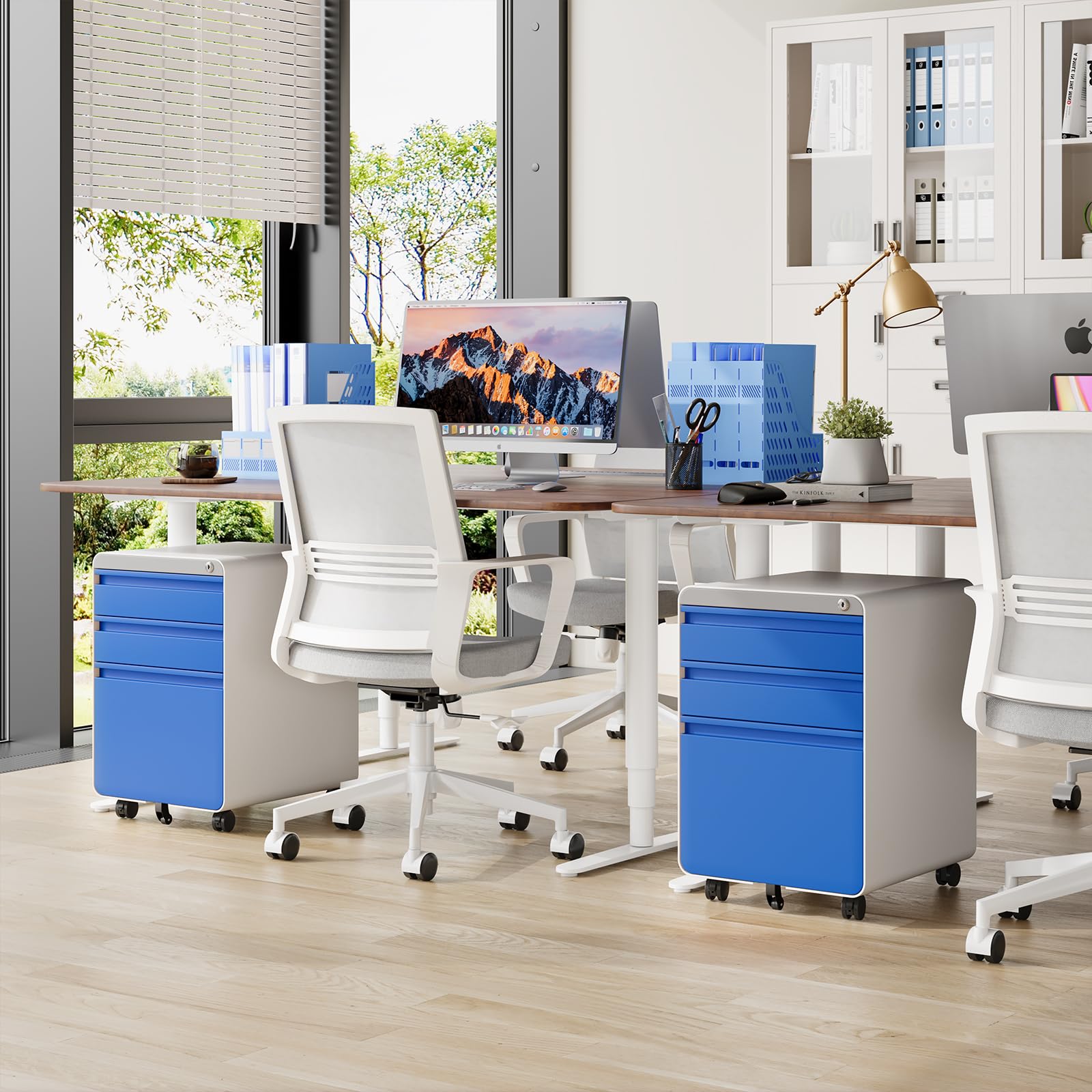 Dripex Caisson de Bureau à Roulette 3 Tiroirs, Meuble Dossier Suspendu, Caisson Métal Verrouillable 40 x 45 x 60 cm - Bleu Mate