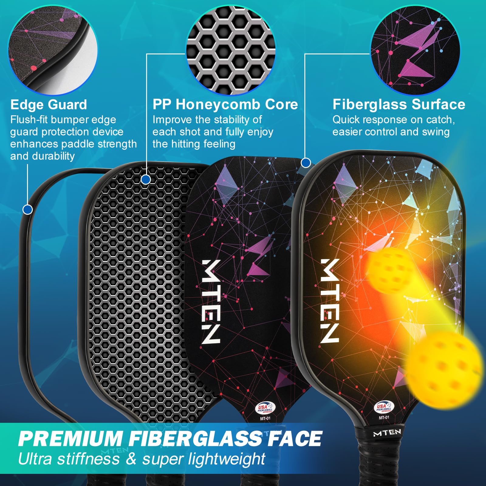 MTEN Pickleball Paddles, USAPA Approved Pickleball Paddles Set of 2, Fiberglass Surface Pickleball Set, 2Pickleball Rackets, 4 Pickleball Balls, 2Grip Tapes & Carry Bag for Men Women