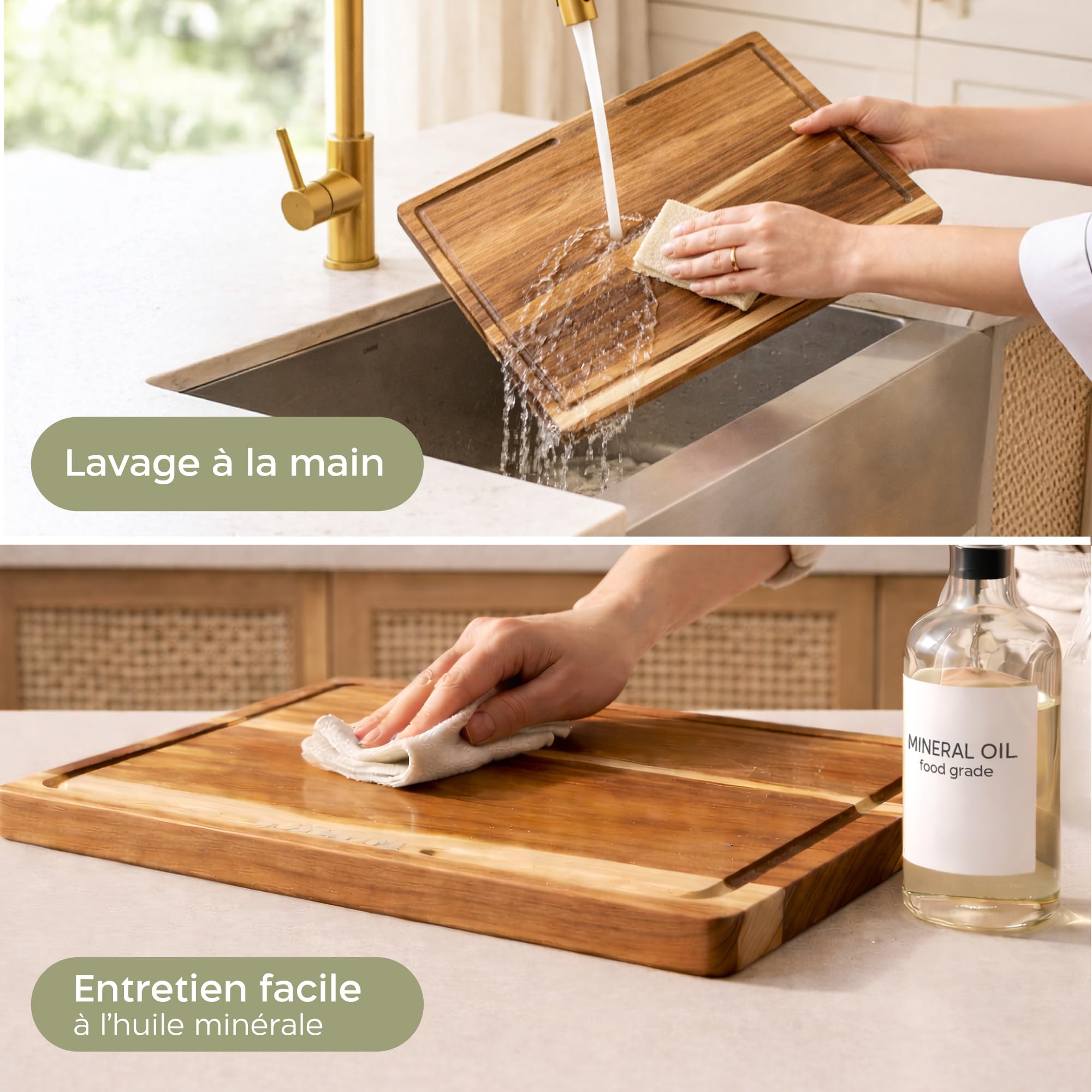 Twinzee 3 Planche a Decouper (40 x 30/33 x 24/26 x 18 cm) en Acacia Massif - Planche a Decouper Bois avec Support, 2cm d'Epaisseur, avec Rainure a Jus
