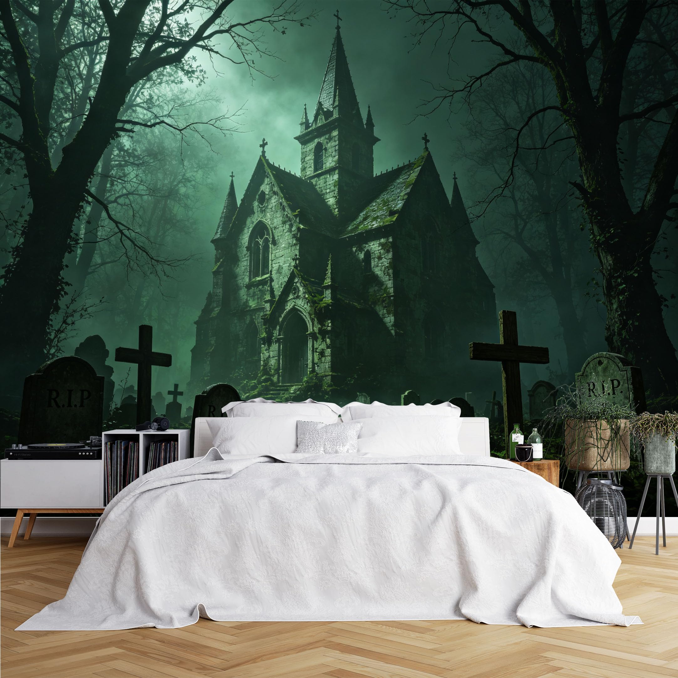 Lcythiazole Ch260615036 Custom Size Wall Murals Spooky Church Graveyard Night Scene Wall Murals Wall Stickers Wallpaper Self-Adhesive Removable Wallpaper For Halloween Bar Room