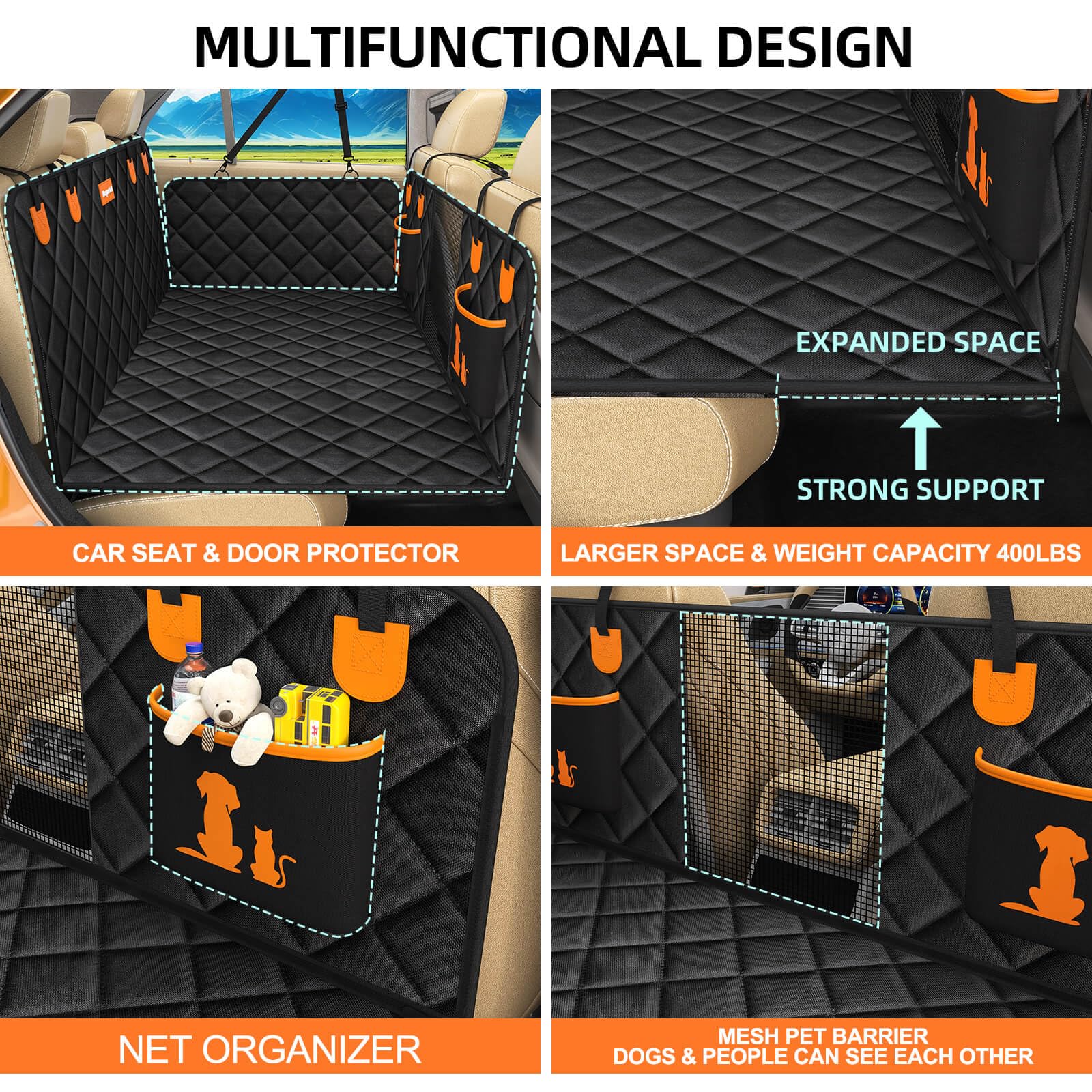 WanpeeGoo Estensore universale per sedile auto, per cani, arancione, per auto, camion, SUV, finestra in rete, tasche portaoggetti, impermeabile, antiscivolo