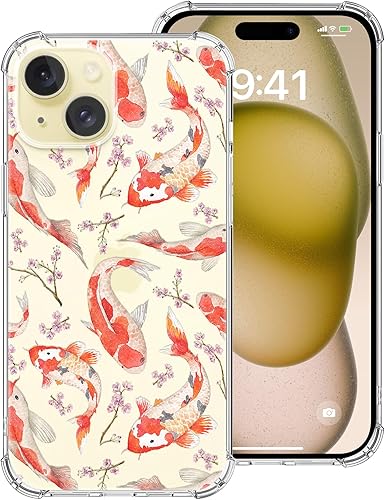 Miniatura 1 de Funda de teléfono con diseño de carpa oriental arcoíris en acuarela, diseñada para iPhone 15, diseño de flores de cerezo para mujeres y niñas,