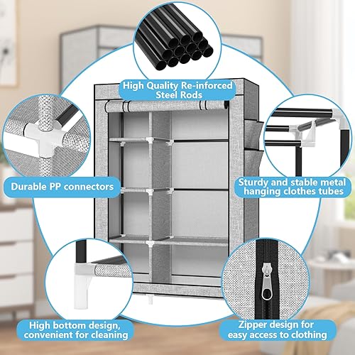 Miniatura 8 de Calmootey Organizadores portátiles de armario, almacenamiento de ropa, armario con 6 estantes y barra para colgar, cubierta de tela no tejida con 4