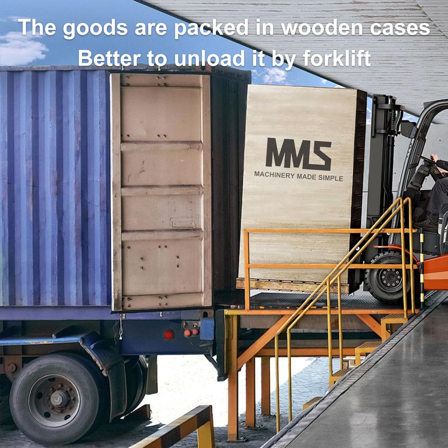 MMS Mini Skid Steer Loader being unloaded from a truck in a wooden crate.