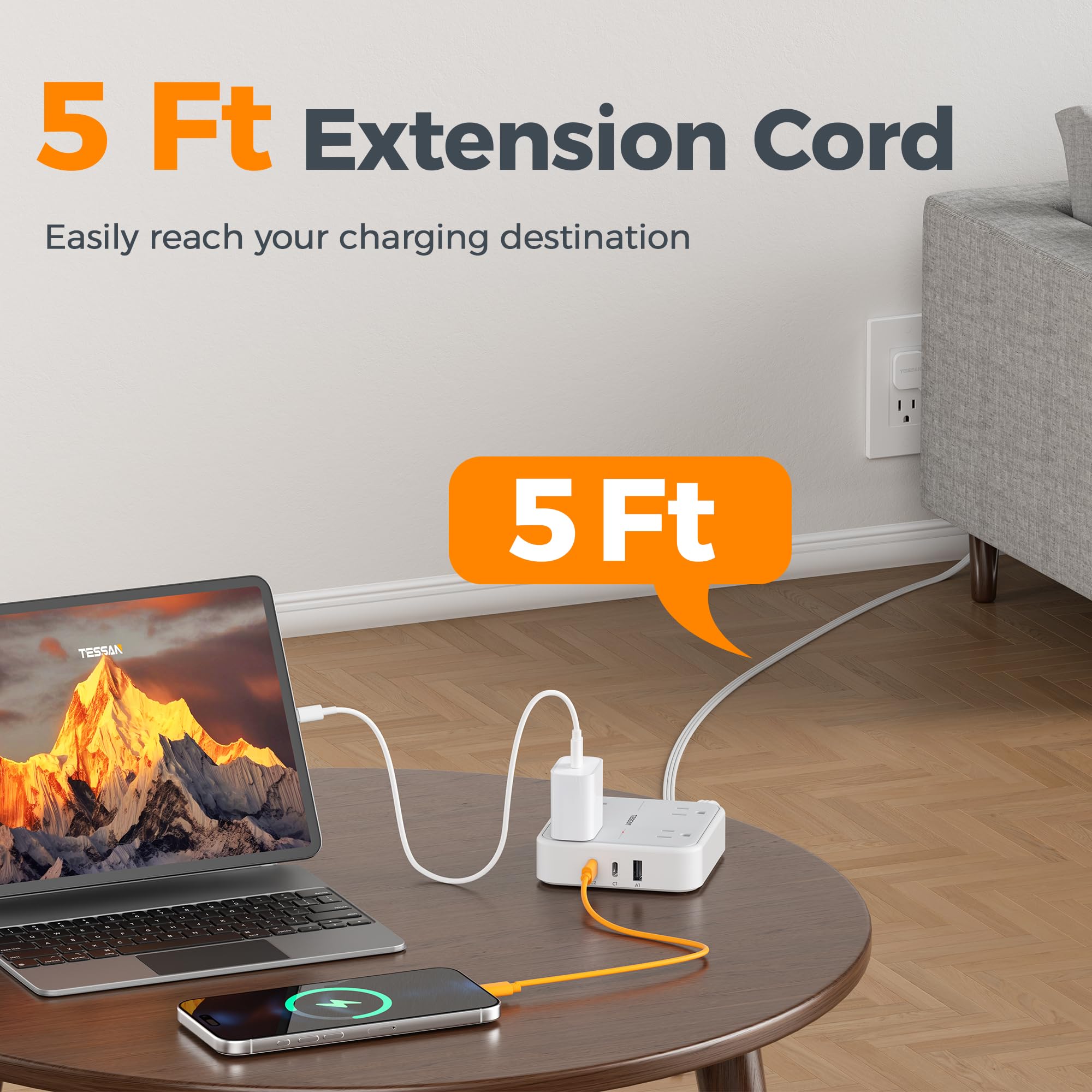 TESSAN Surge Protector Flat Extension Cord 5Ft, Flat Plug Power Strip — Amazon image 5