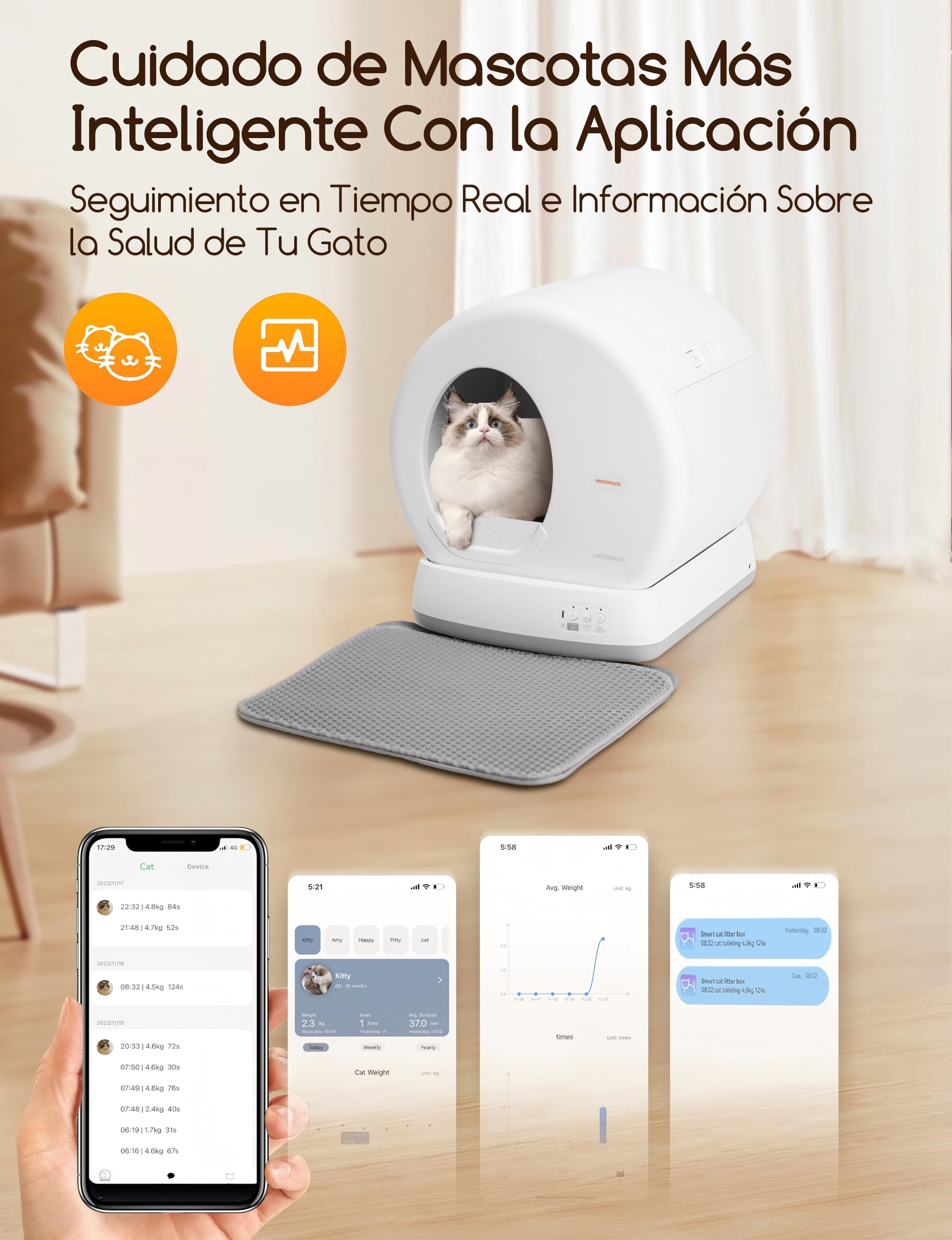 Arenero Gatos Autolimpiable MeoWant con Sistema de Seguridad Avanzado, Arenero Automatico, Extragrande, con Control de Olores y Control por Aplicación, con Tapete y Forro