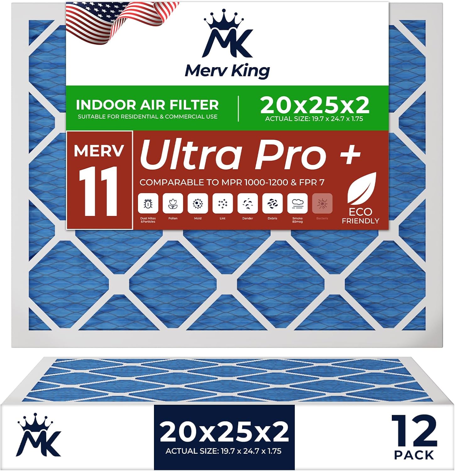 MervKing 20x25x2 Air Filter Actual Size: 19.7" x 24.7" x 1.75" MERV 11 MPR 1000-1200 | MADE IN USA | 12-Pack | Pleated HVAC AC Furnace Replacement