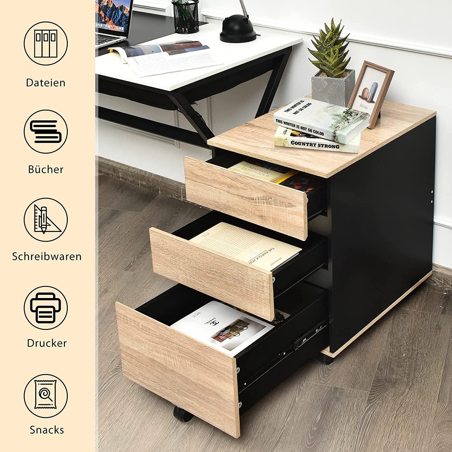 Naturelkleurige COSTWAY Rolcontainer Met 3 Laden, Archiefkast Van Hout Op Wielen Kantoorkast Met Kantelbeveiliging Kantoorcontainer Rolwagen Voor Kantoor Woonkamer 39 X 53 X 58 Cm Naturel