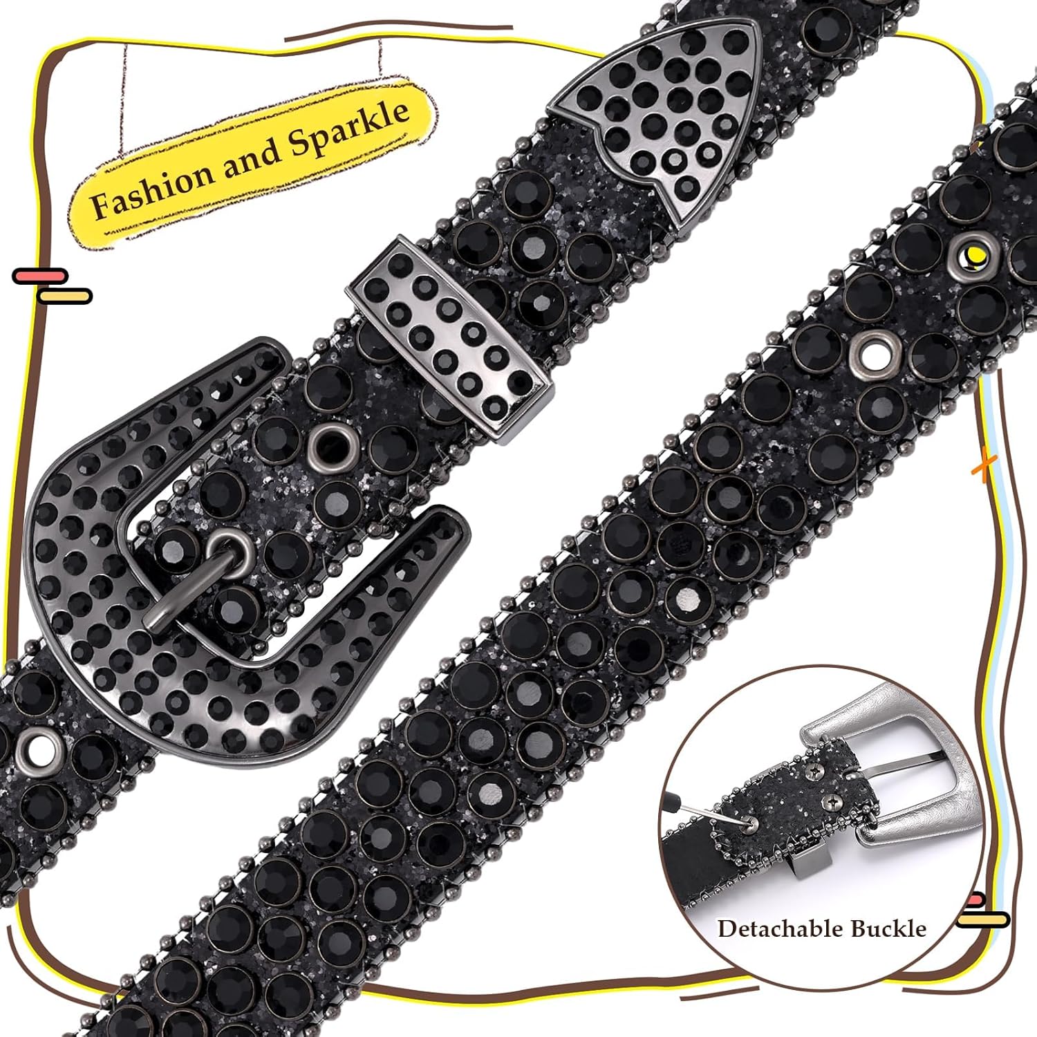 Kids Rhinestone Belt for Girls Boys Western Cowboy Cowgirl Belts Diamond Studded Bling Leather Belt for Kids - Image 3