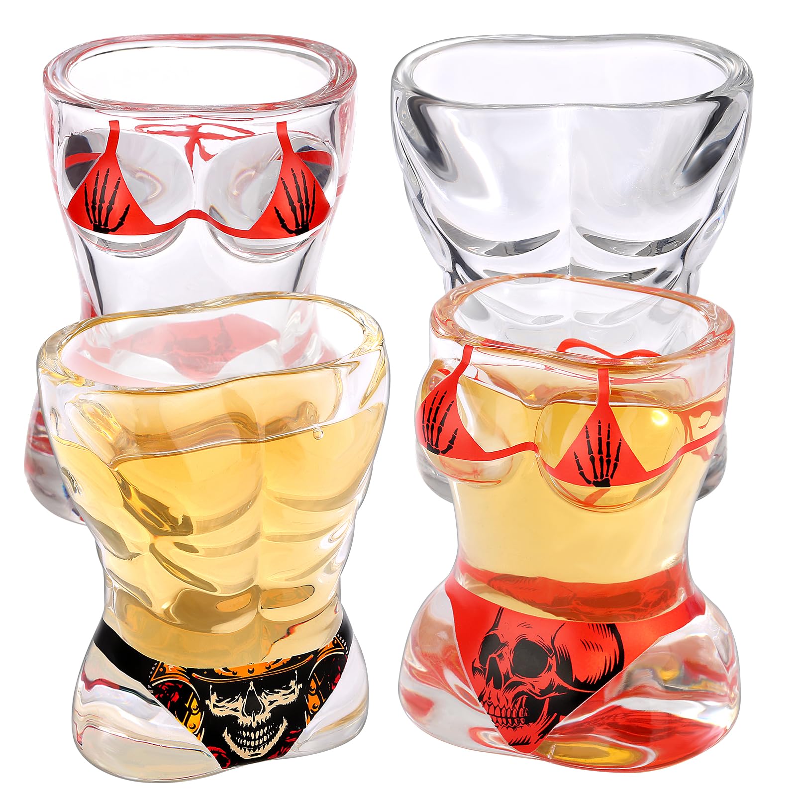 Muscle Man & Bikini Glass Shot Glasses, Personality Skull Design, Set of 4 with Logo Gift Box, 30ml Heavy Base Shot Glass - Image 2
