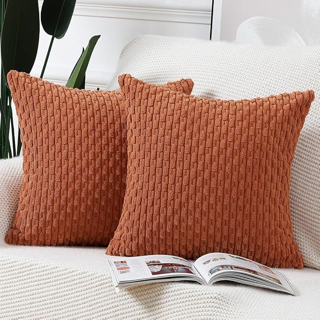 MADIZZ Zestaw 2 sztruksowych poszewek na poduszki w stylu boho, w paski, 35 x 35 cm, rdzawe, miękkie, dekoracyjne poszewki na poduszkę, na sofę, poszewki na poduszki