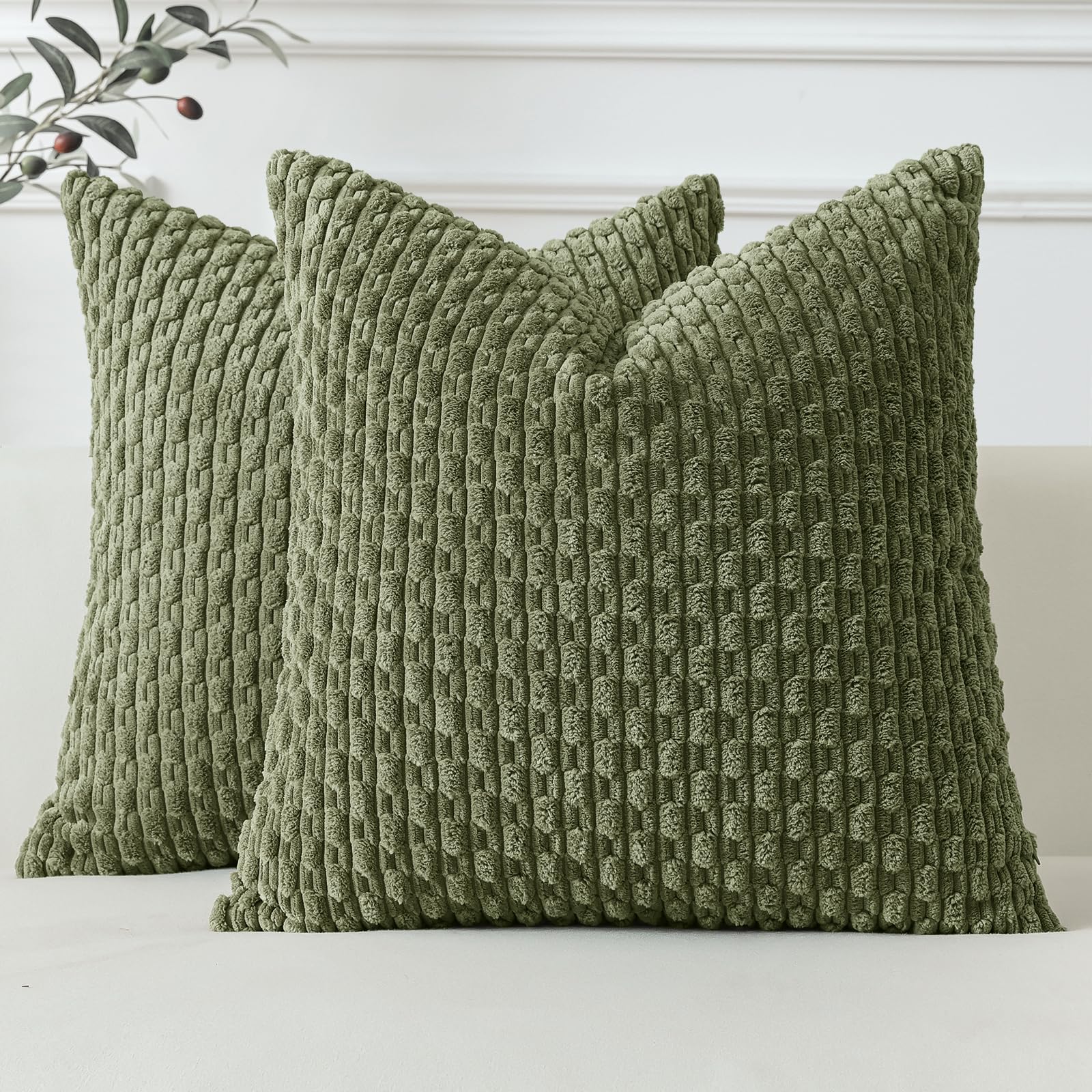 Sungeek Set of 2 Olive Green Soft Corduroy Decorative Cushion Covers Boho Striped Throw Pillow Covers for Sofa Couch Living Room Patio Farmhouse Home Decor Pillowcases 40x40cm — image 1