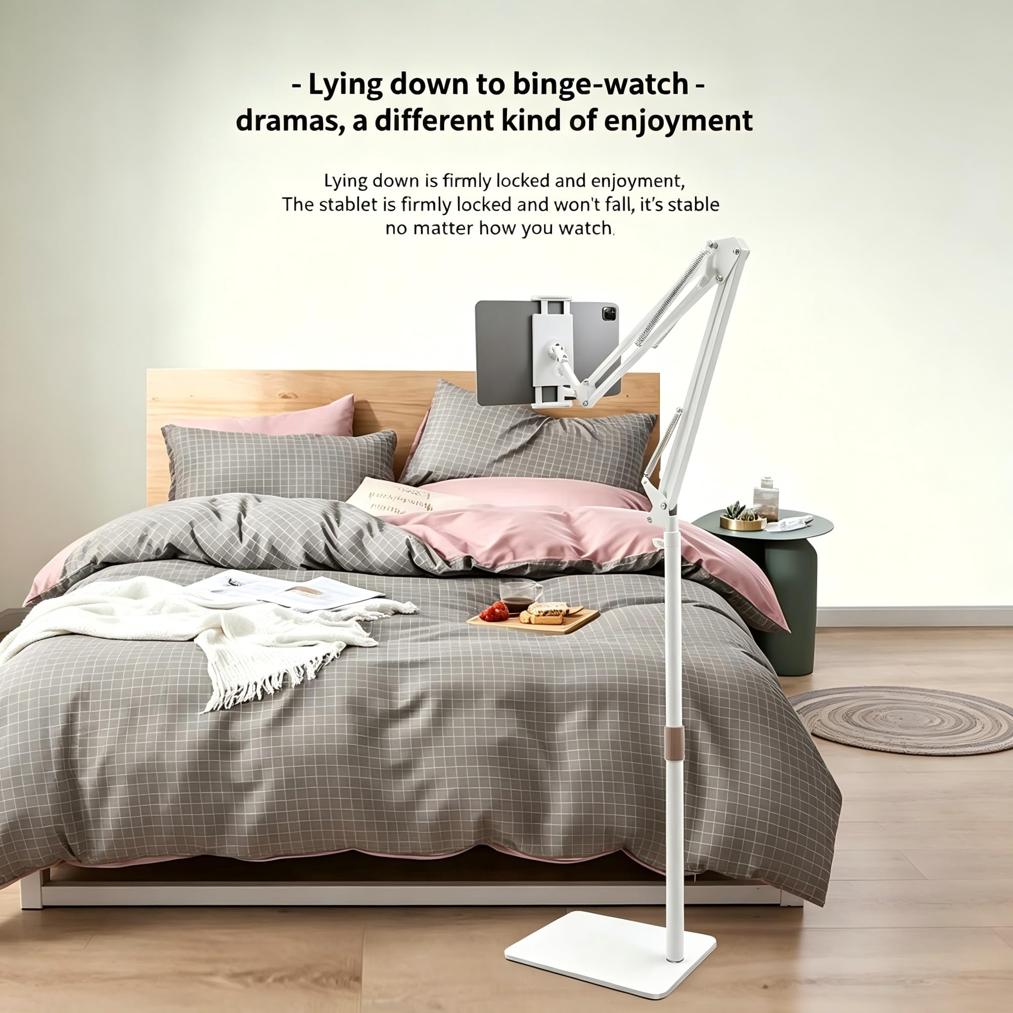 Supporto per Tablet da Pavimento [Altezza&Angolo Regolabili] 360° Rotazione Supporto in metallo Regolabile Base Resistente per iPad Pro o altri dispositivi da 4,7-12,9 pollici (Bianco)
