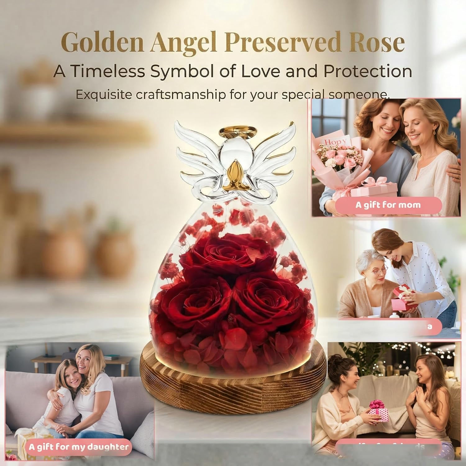 Preserved Red Rose Glass Angel Figurine - Forever Eternal Flowers in Glass Dome - Birthday Valentine Gift for Women Mom - Anniversary Wedding Present - Romantic Red Roses Angel Statue