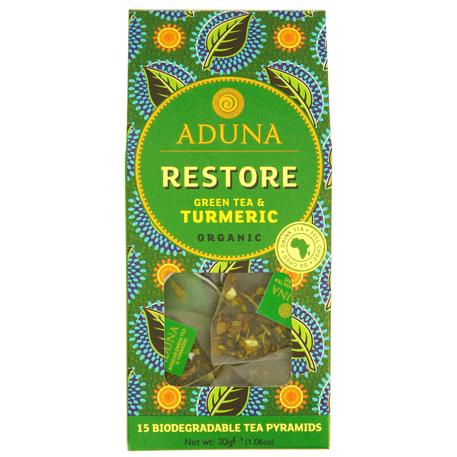 Aduna Organic Restore Green Super Tea | Natural Herbal Infusion With African Green Tea, Turmeric & Citrus | Superfood Tea for Digestive Health & Immunity | 15 Biodegradable Pyramid Bags x 1 Pack
