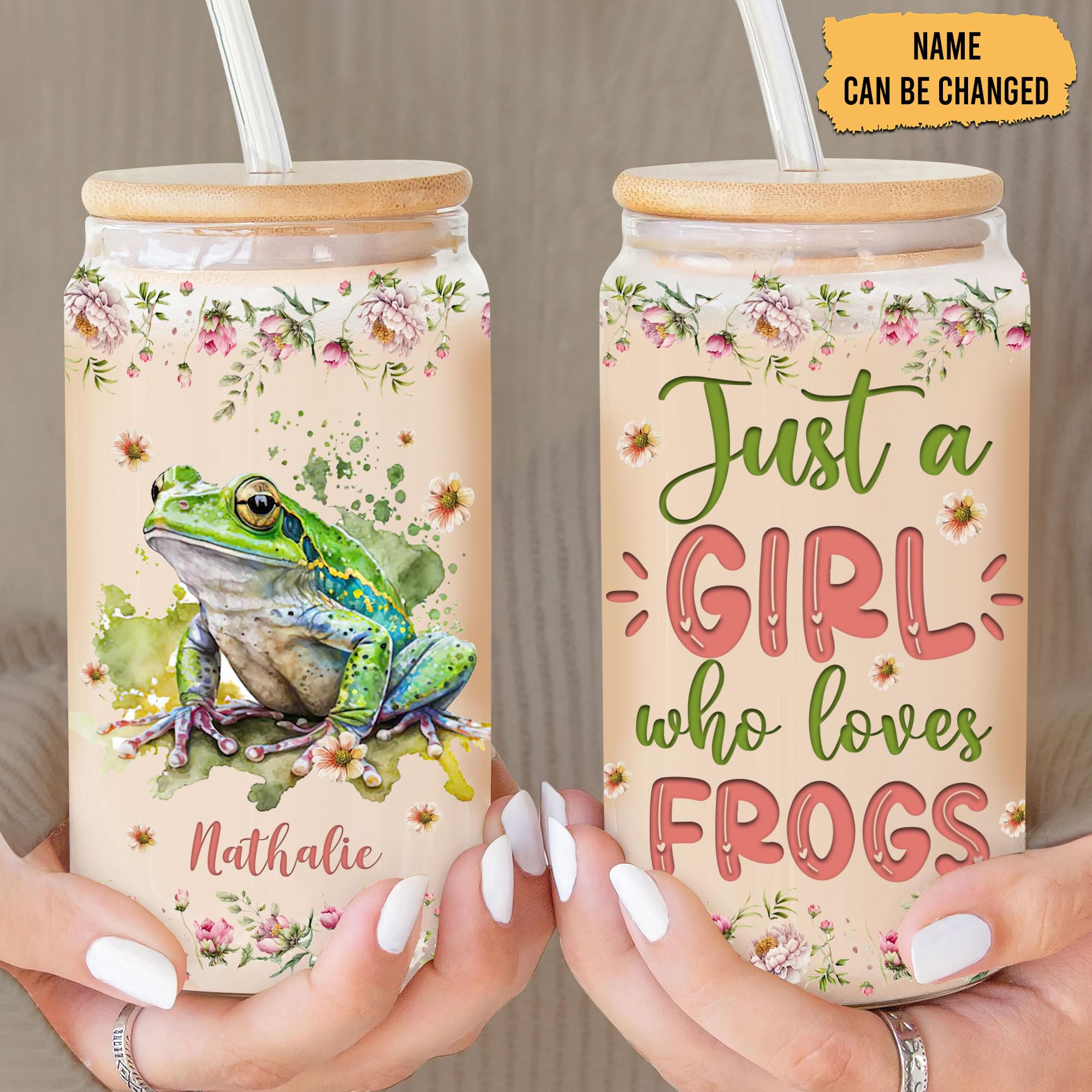 Hyturtle Personalized Glass Can Cup Gifts For Frog Lover - Custom Name Glass Cup 16 Oz For Her With Lids And Straws - Ideal Cute Animal Gifts For Women, Girls, Daughters On Birthday Christmas
