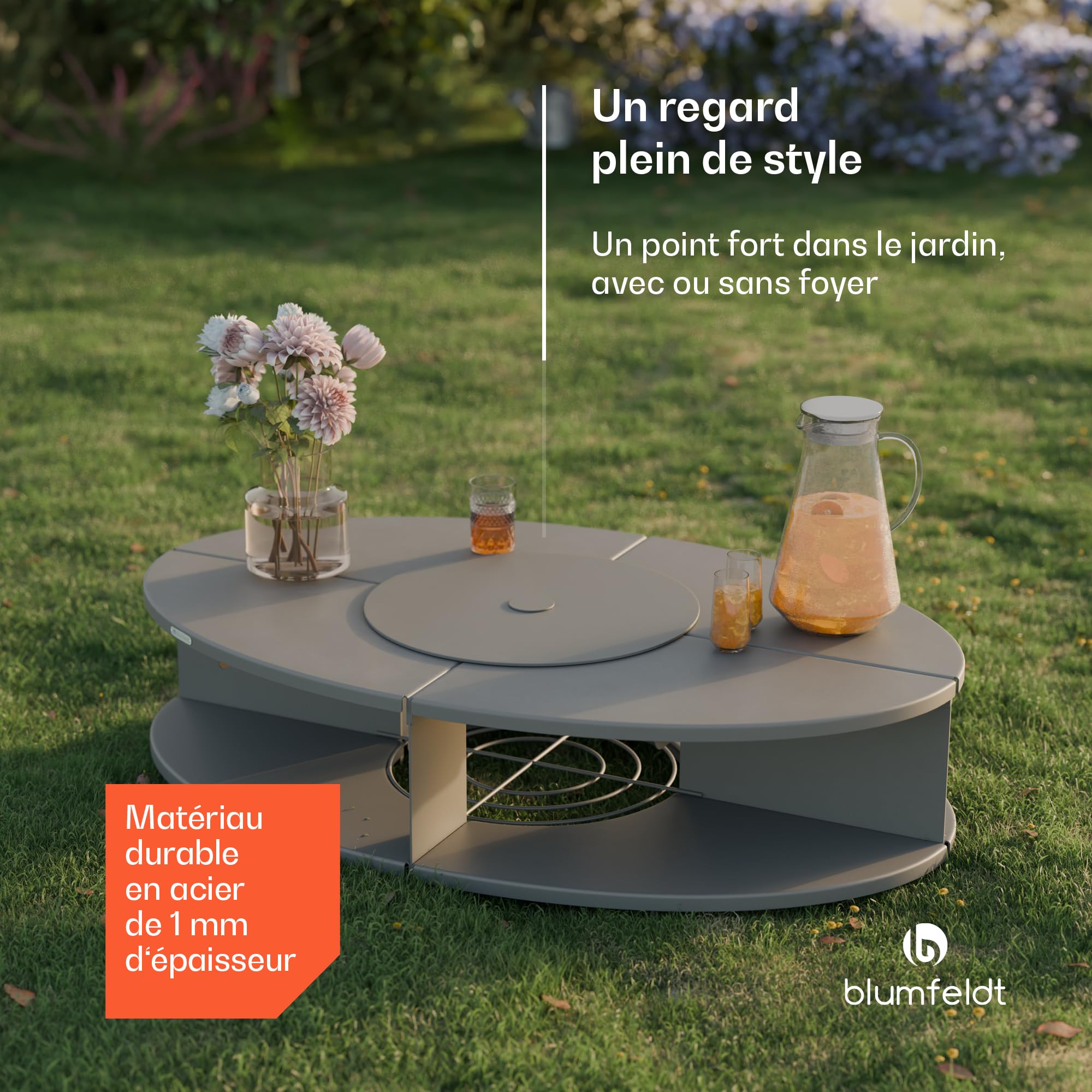 Blumfeldt Ebeko Brasero Exterieur - Barbecue & Table, 3-en-1 Brasero en Acier Durable, Pare-Étincelles & Tisonnier Inclus, Rangement Bûches, Housse Imperméable, Idéal Jardin & Terrasse