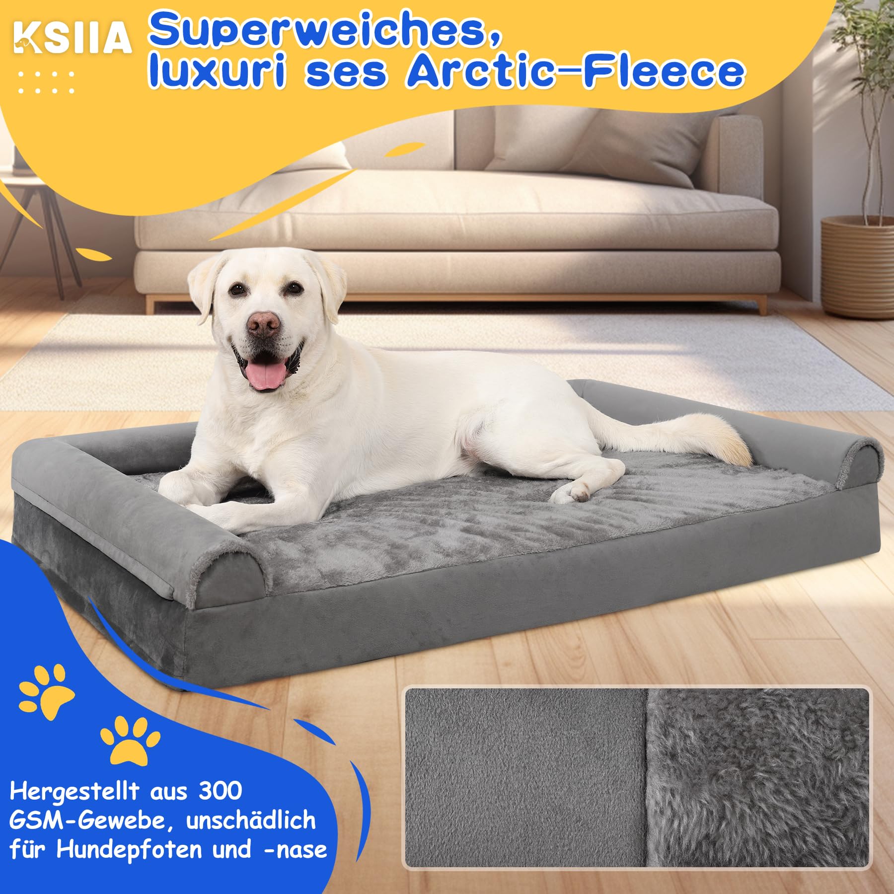 KSIIA Orthopädisches Hundebett Grosse Hunde XL Hundekorb, Grau 105x70x18cm