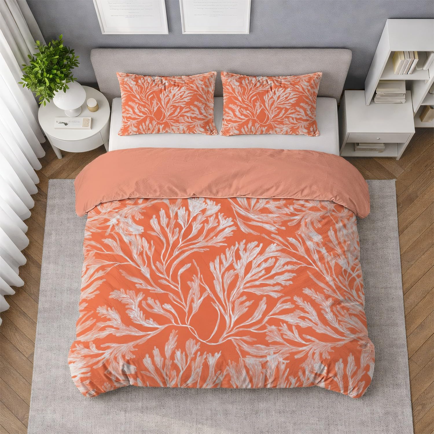 Generic Minimalistyczny zestaw poszewek na kołdrę 229 x 221 cm, elegancka, luksusowa, koralowa, z 2 poszewkami na poduszki, dwustronny design, pomarańczowo-biała, miękka poszewka na kołdrę z