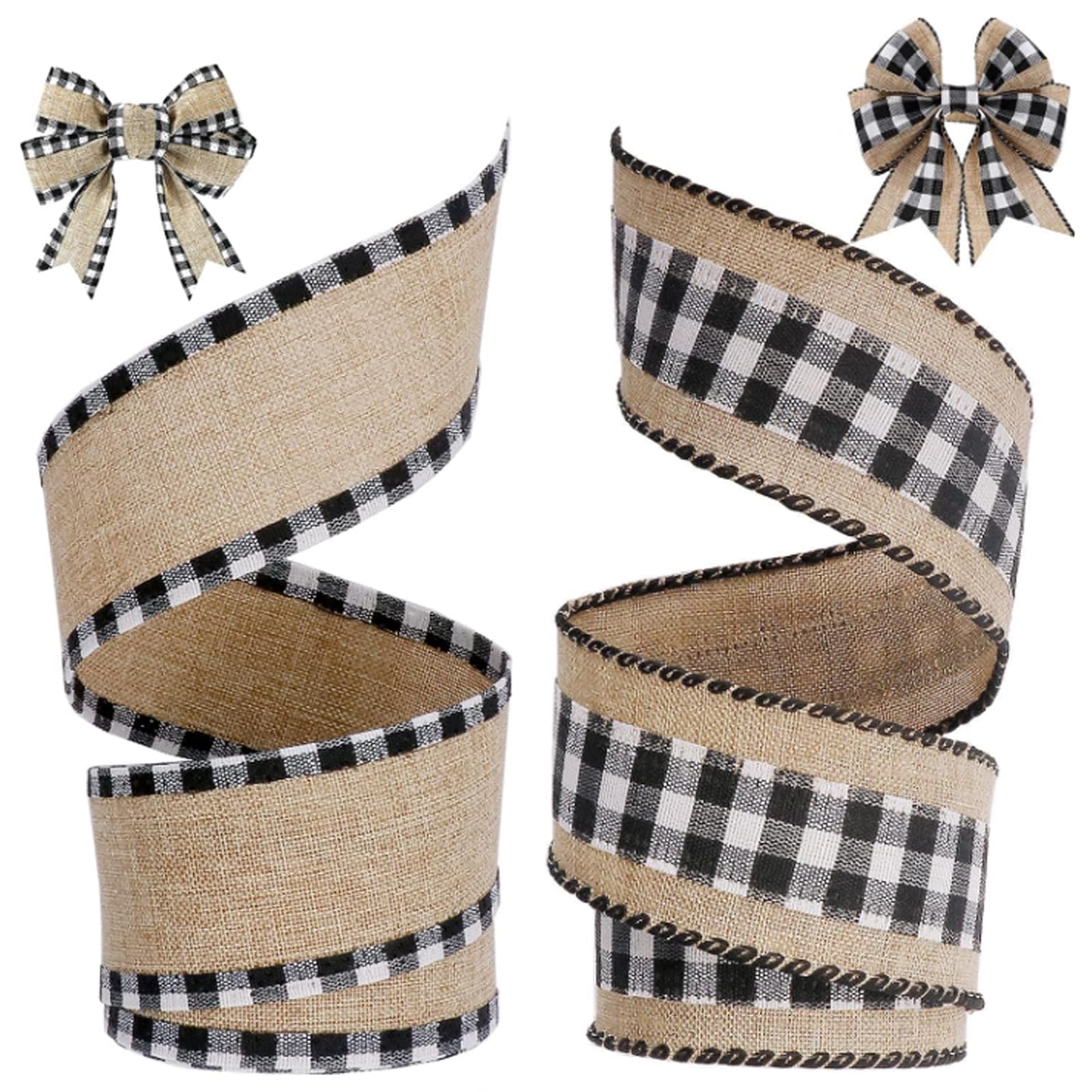 MAKINGTEC Ribbons for Wreath Floral Bows Craft Decor, Burlap Fabric Craft Buffalo Plaid Wired Edge Fabric Craft Ribbon for DIY Bows Wrapping Decoration Christmas 2.5 x 216 Inch 2 Rolls
