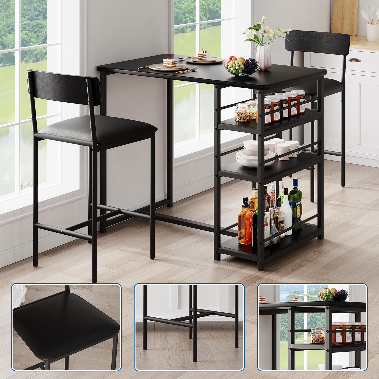 Mesa de bar con 2 sillas acolchadas, mesa de cocina, bar de cocina, para comedor, bistró, salón, color negro