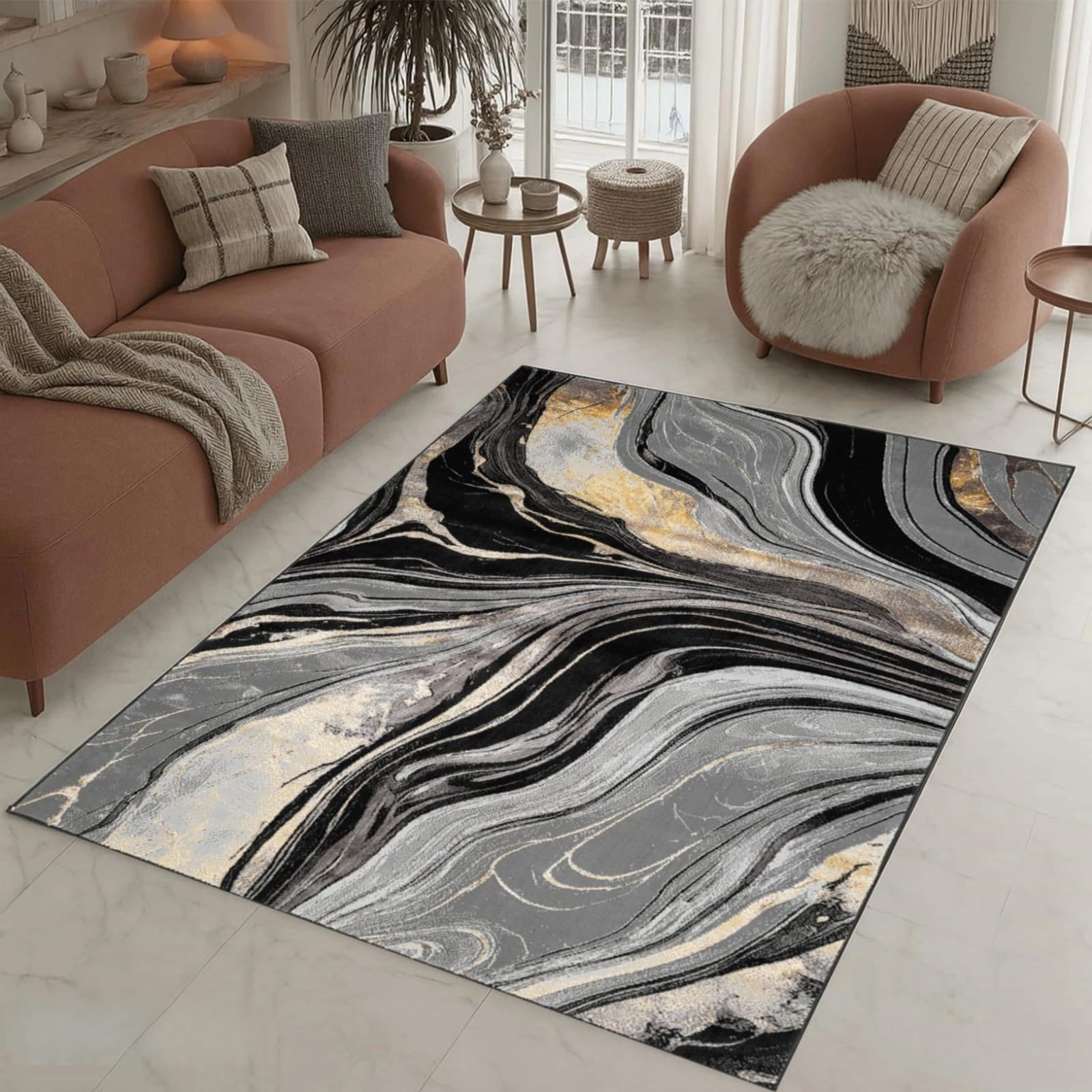 Stylish Home London Modern Abstract Area Rug – Large Living Room Carpet & Non Slip Hallway Runner – Floor Mat for Bedroom, Kitchen & Home Décor (Ochra, 240 x L 320 cm)