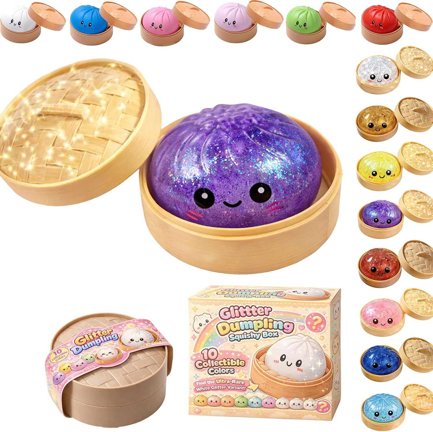 Dumpling Squishy Blind Box - Glitter Dumpling Squishies 2026 Colourful Dumplings Stress Fidget Squishy Toys with Steamer for Children Adults Students Home Office Classroom Glitter Purple